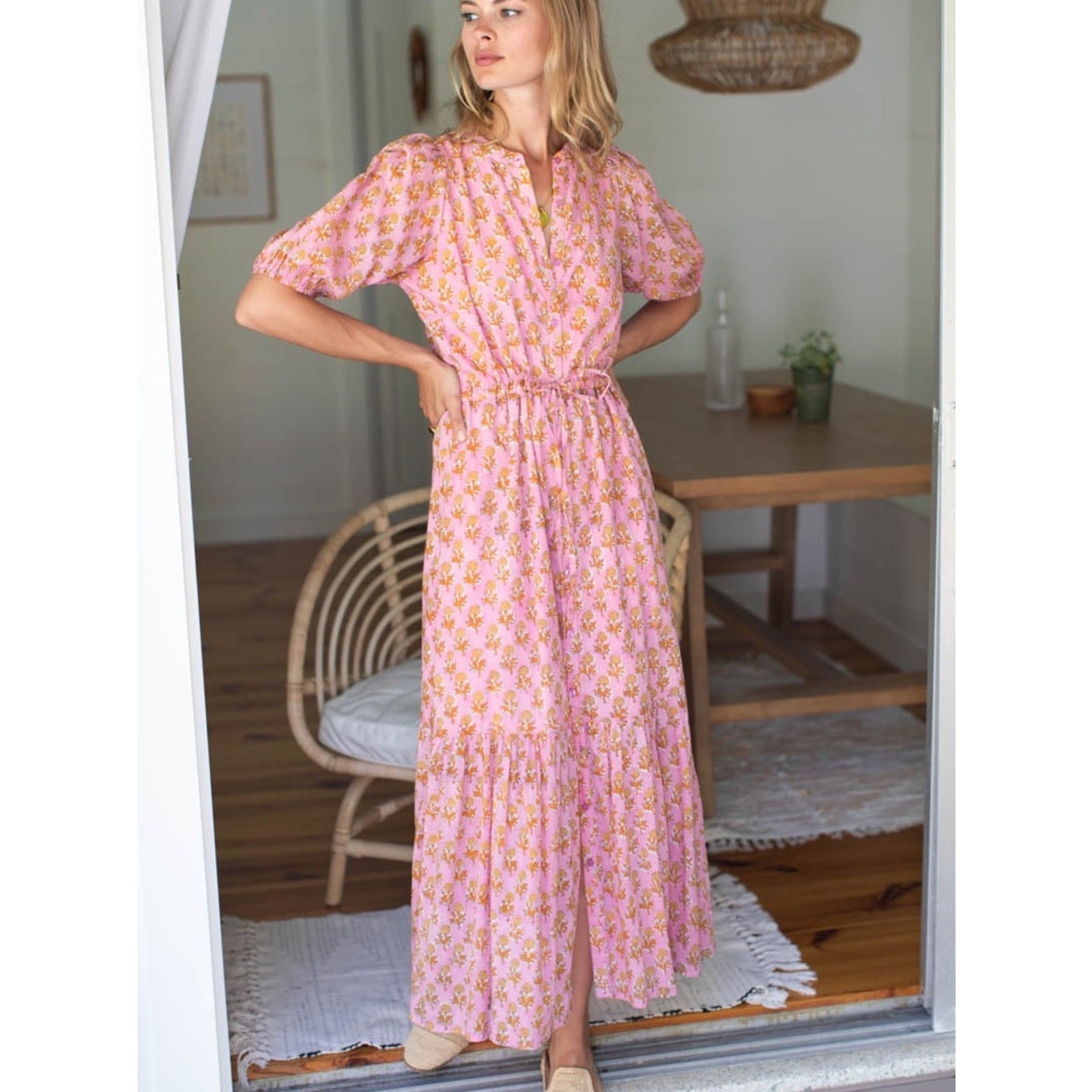 Emerson Fry India Collection Lucy Dress Little Marigolds Pink Maxi S