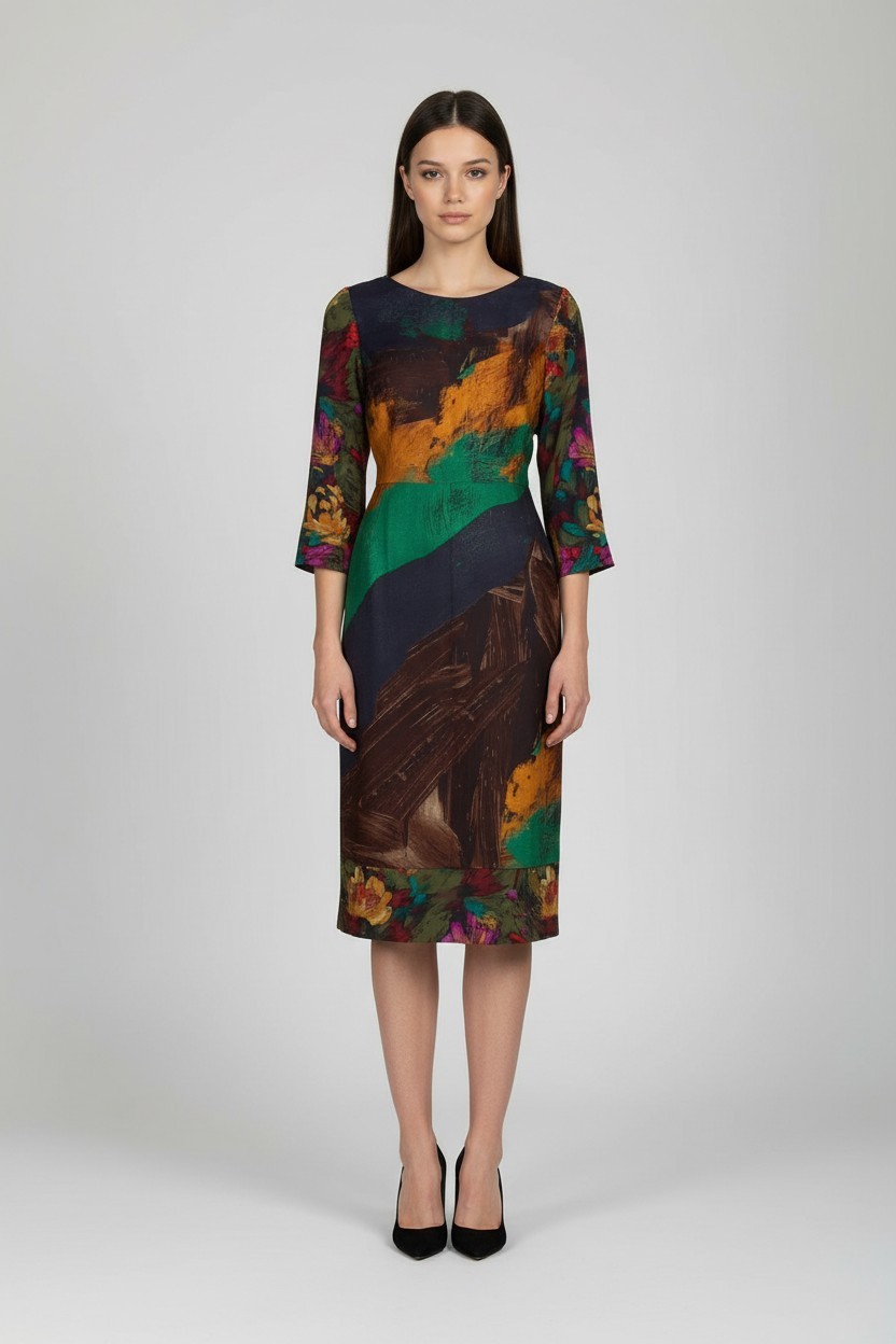 Oscar De La Renta Brushstroke Floral Midi Dress Abstract Wool Silk Sz 12 XL NWOT
