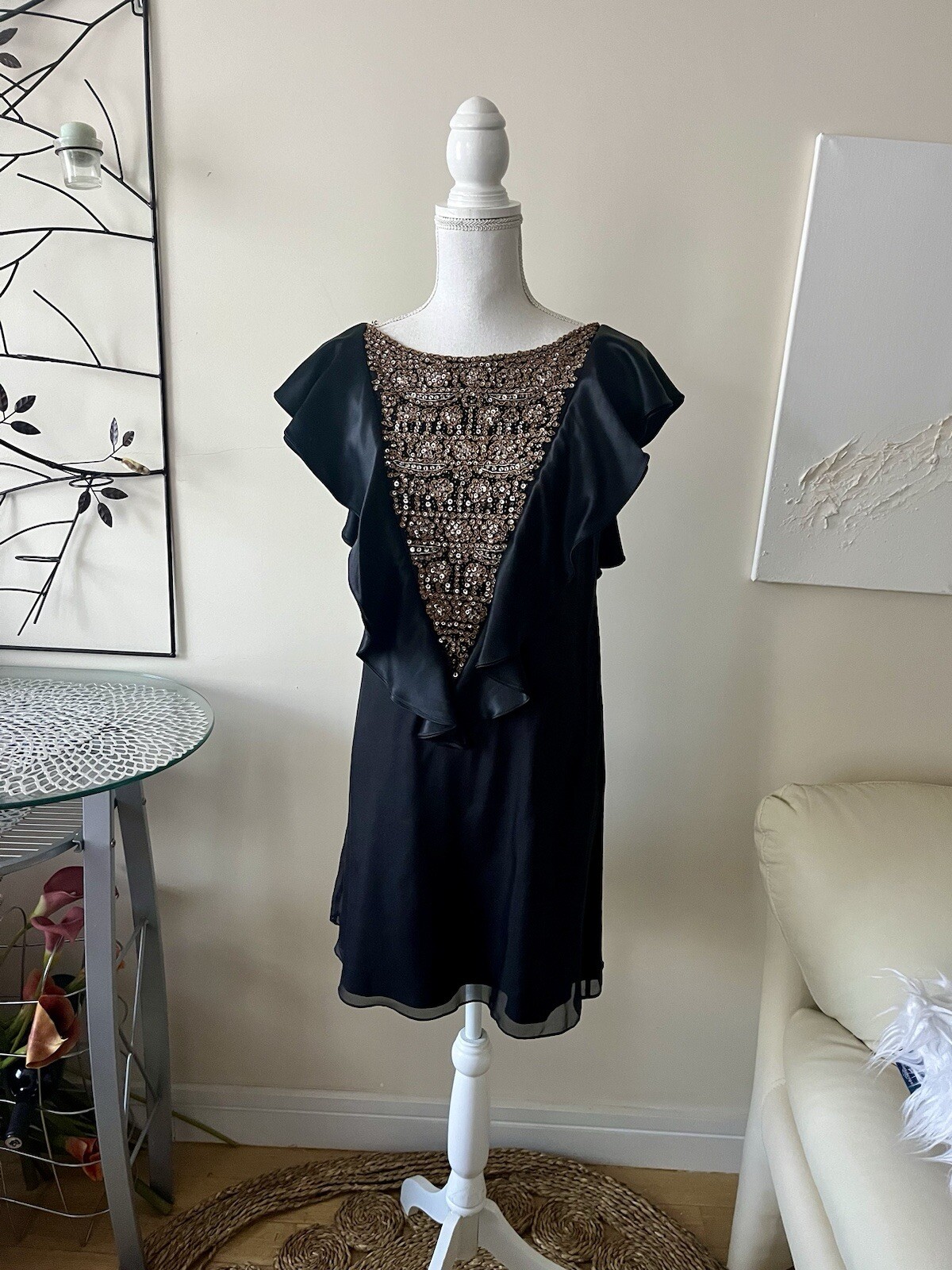 Alice + Olivia Vintage Black Silk Beaded Ruffle Mini Cocktail Dress sz Small EUC