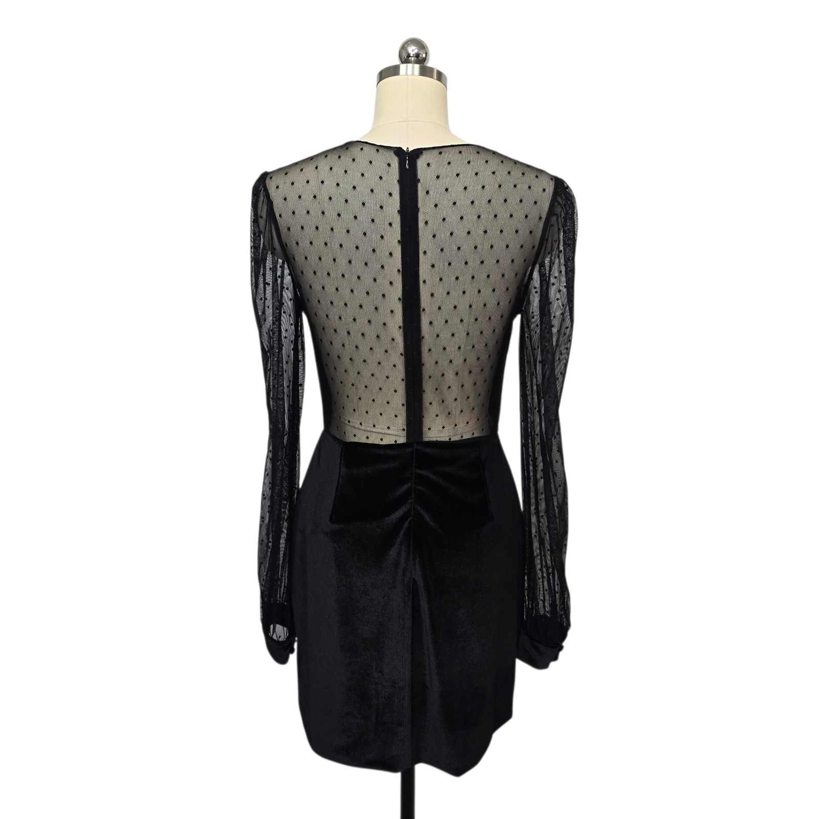 NWT PATBO Black Velvet Mesh Polka Dot Deep V Neck Ruched Mini Dress Size 8