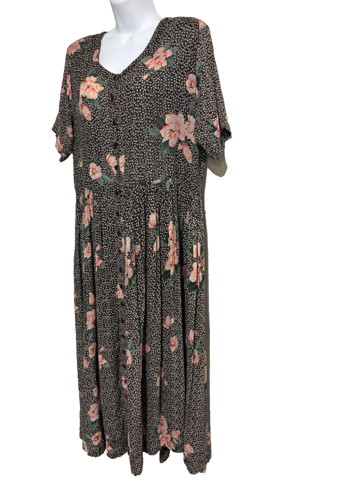 Vtg 90s STARINA Black Floral Maxi Dress~S~Oversized Button Up Grunge Cottagecore