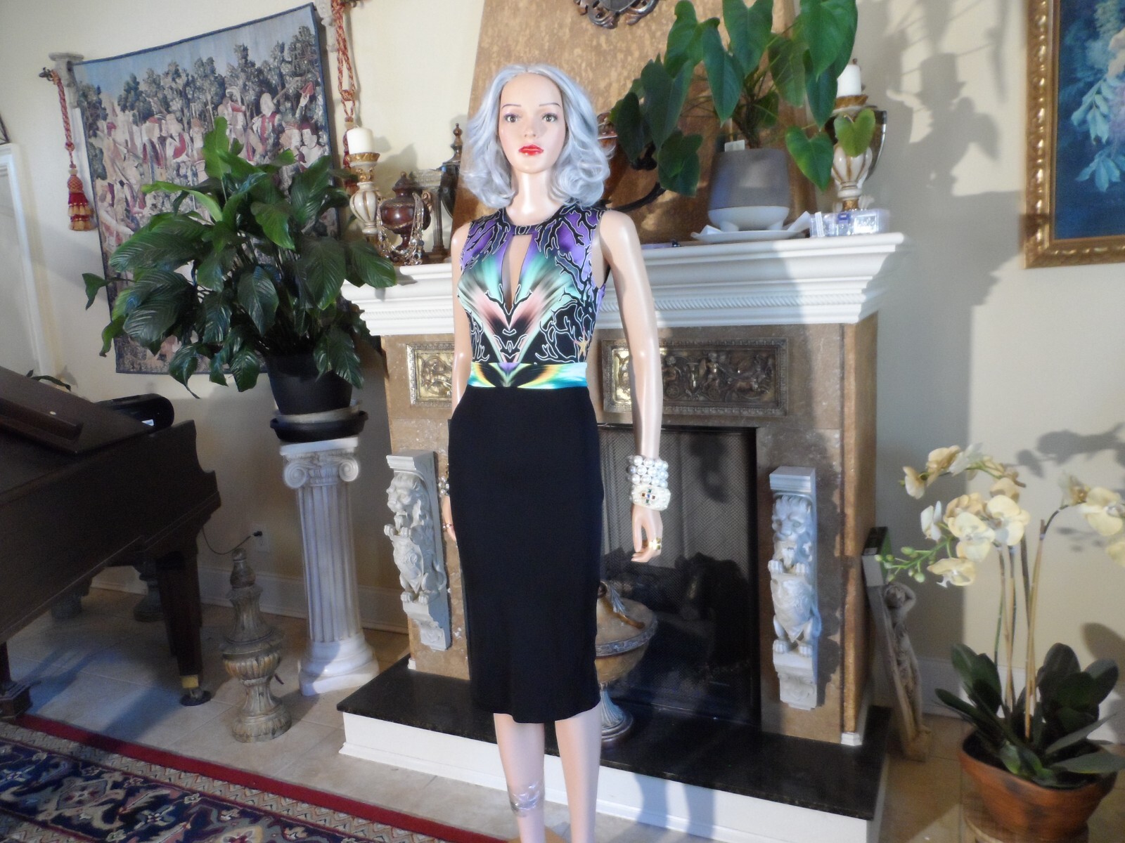 New Just Cavalli Black Multi Color V Neck Sheath Dress Size IT 36 – US 0