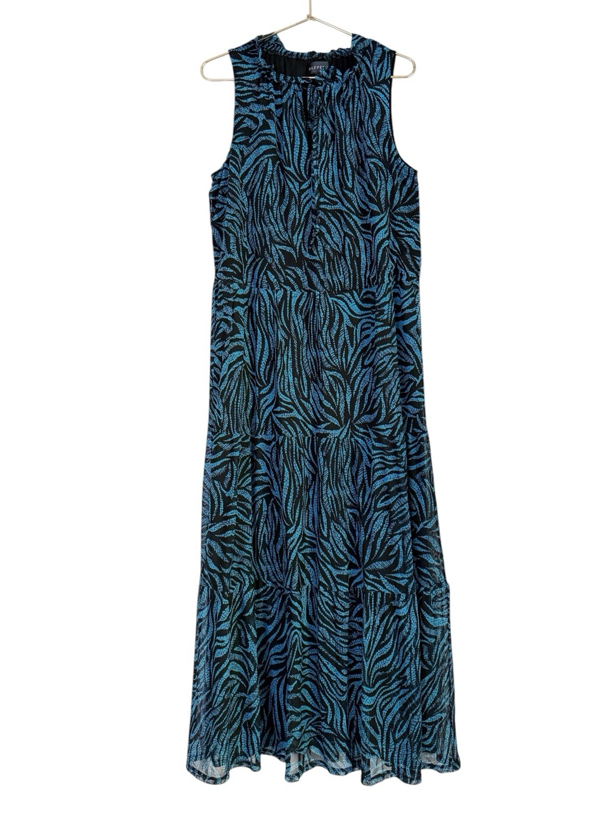 Harper 241 Blue Mesh Lined Leaf Print Tiered Boho Tie Neck Maxi Dress M