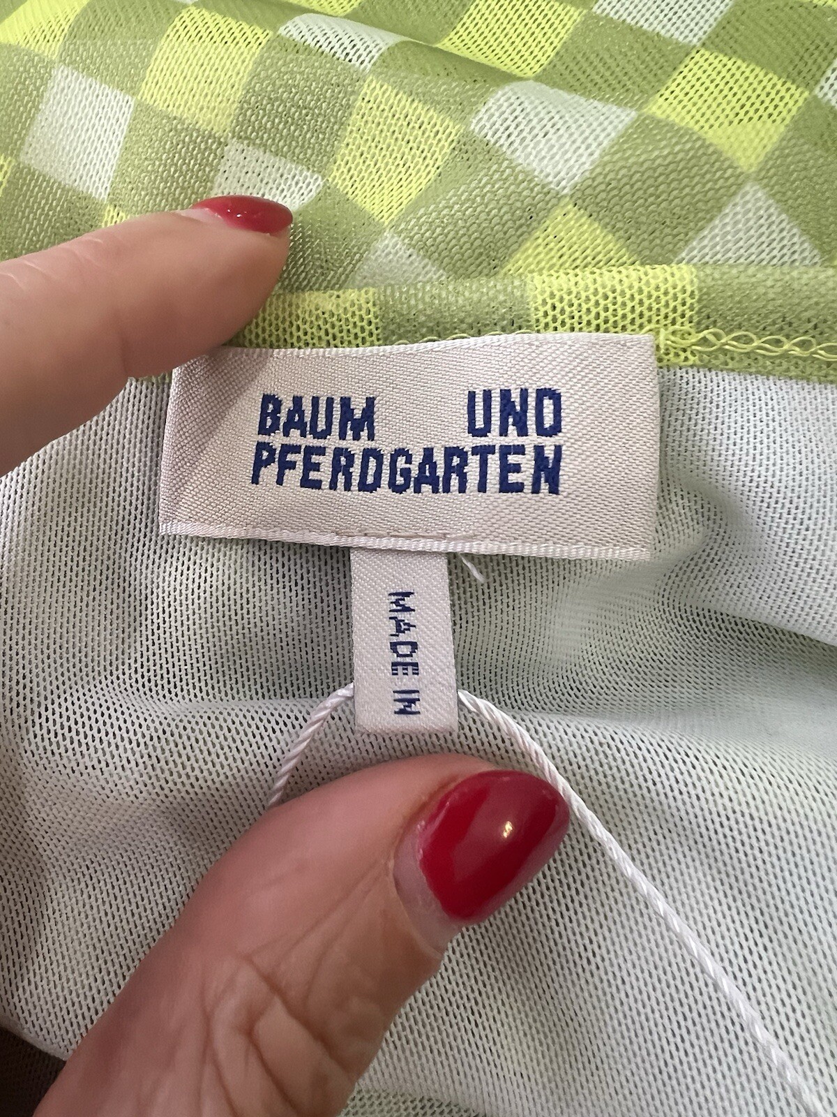 BAUM UND PFERDGARTEN Jocelyn Puff Sleeve Midi Tiered Mesh Green Check Sulphur XS