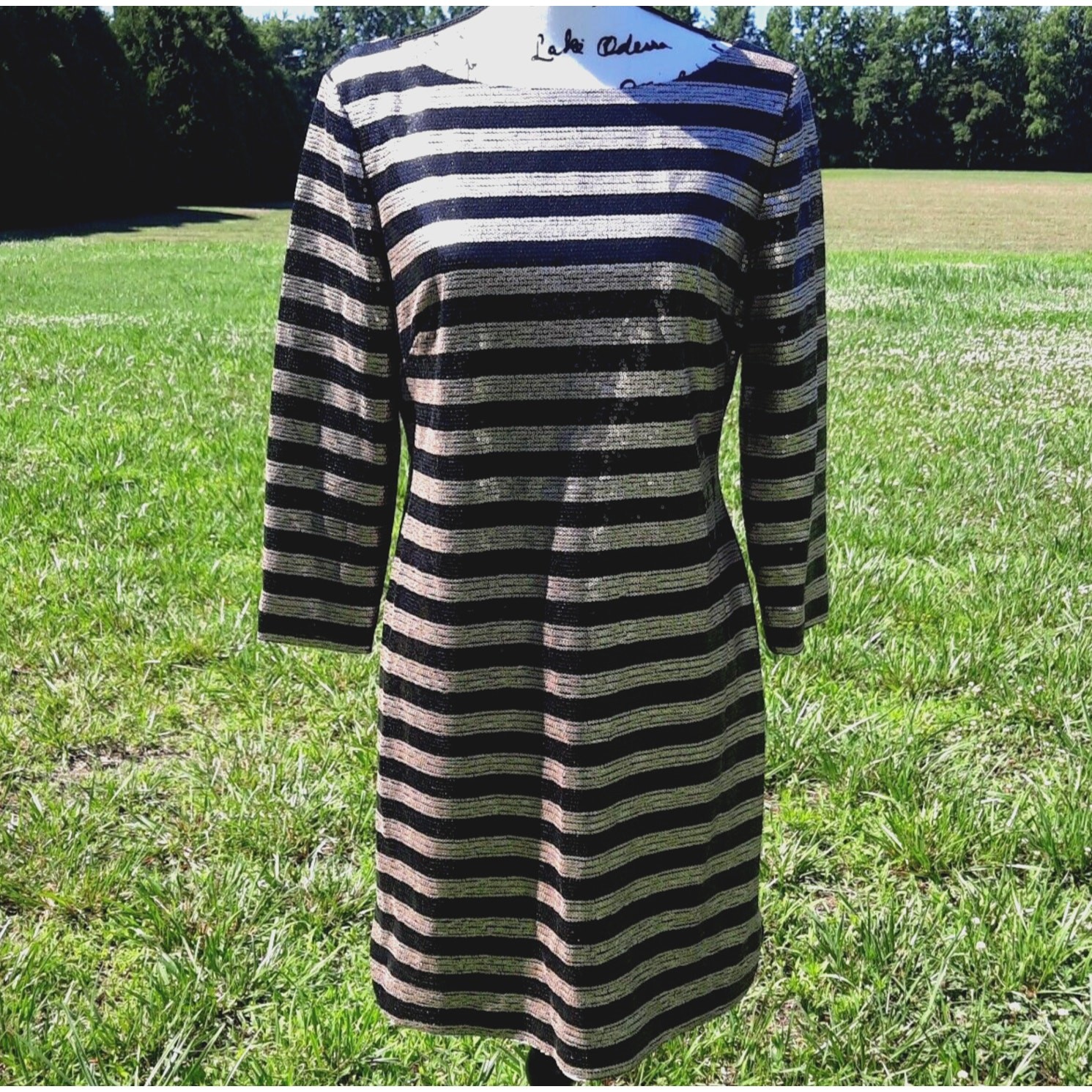 Vince Camuto Sequin Striped Sheath Dress Size 10 Long Sleeve Black Gold Party