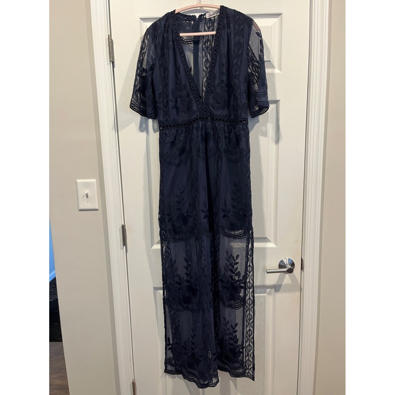Women’s Wicky LS Navy Embroidered Maxi Dress with V-Neck Romper. Romantic SZ XL