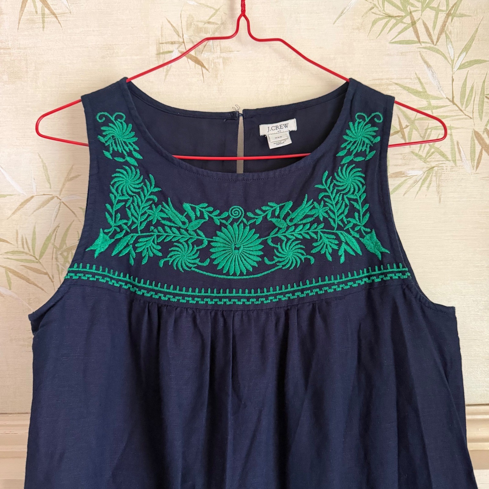 J.Crew Navy Blue Linen Cotton Embroidered Floral Shift Dress Boho Preppy XXS