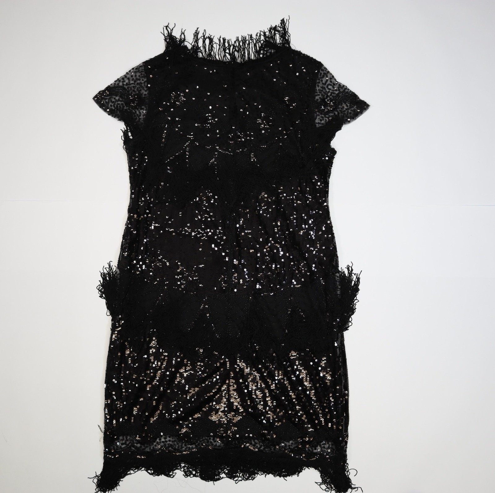 PrettyGuide Dress Womens 16 Black Sequin Fringe Mesh Short Sleeve Shift Party