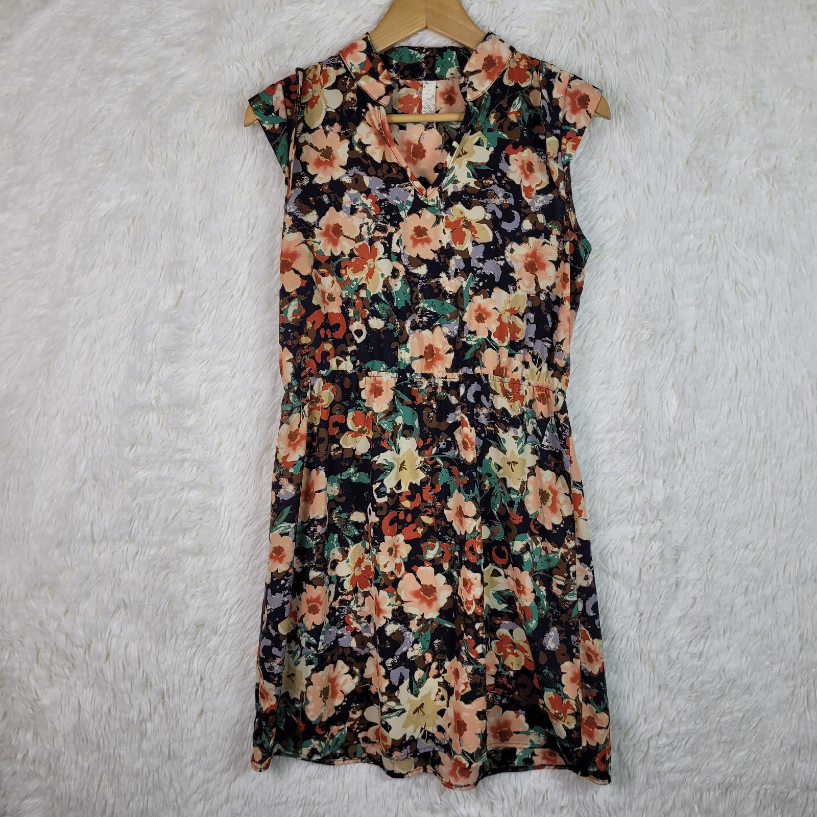 Multicolor Floral Knee Length Cap Sleeve V-Neck Dress Made In USA