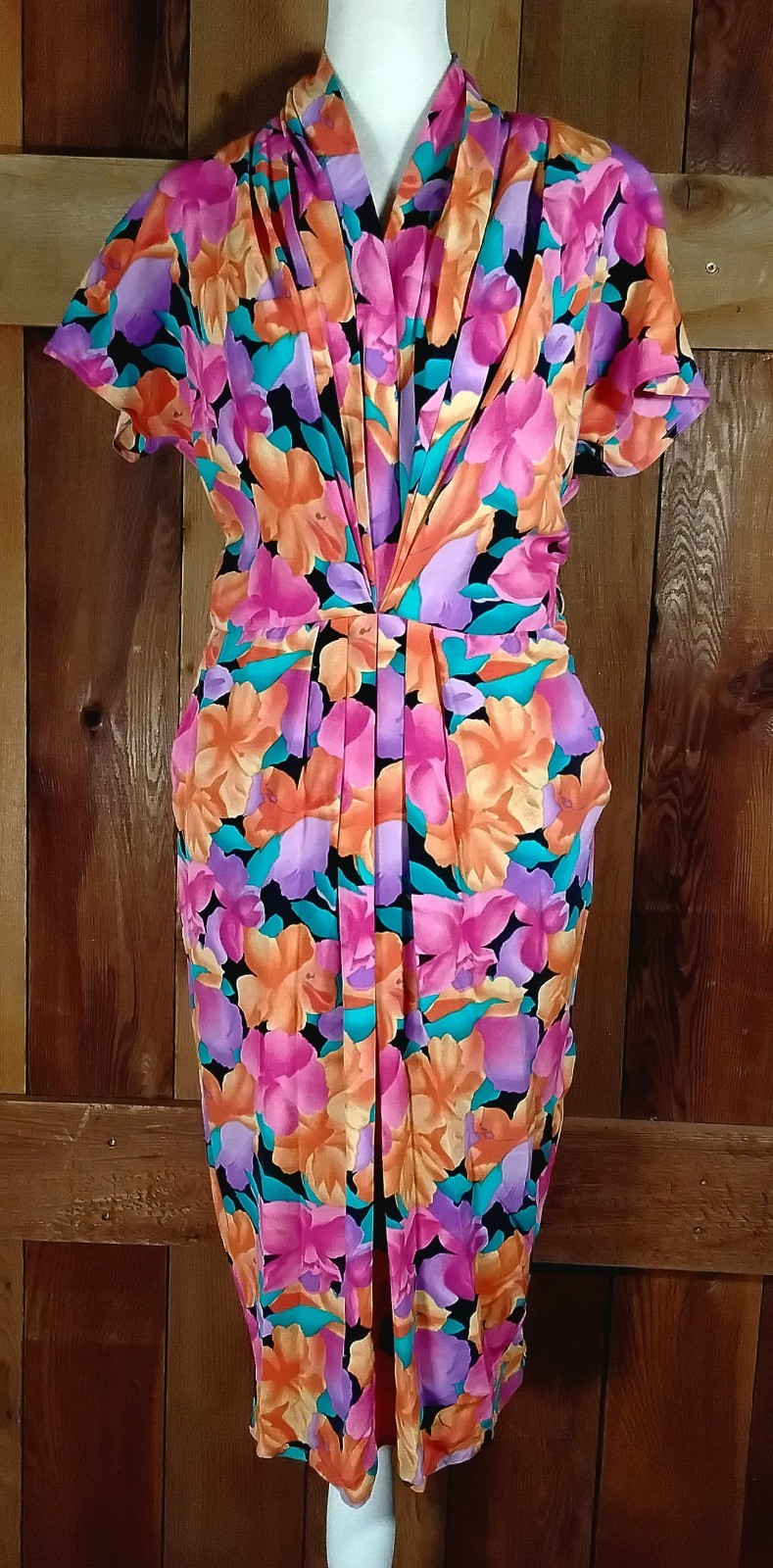 Vtg 80s TESS Dress V Neck Pleated Top Pleated Pencil Skirt Floral Sz 6 Hong Kong