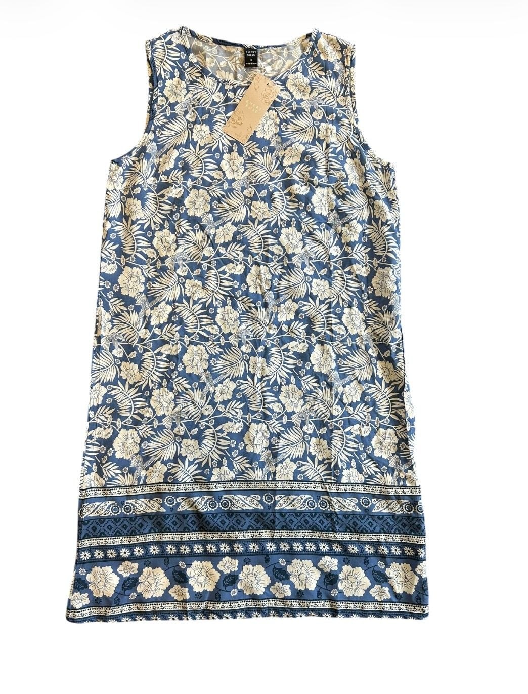 Emery Rose Women’s Floral Print Sleeveless Tank Dress Blue and Cream Size M