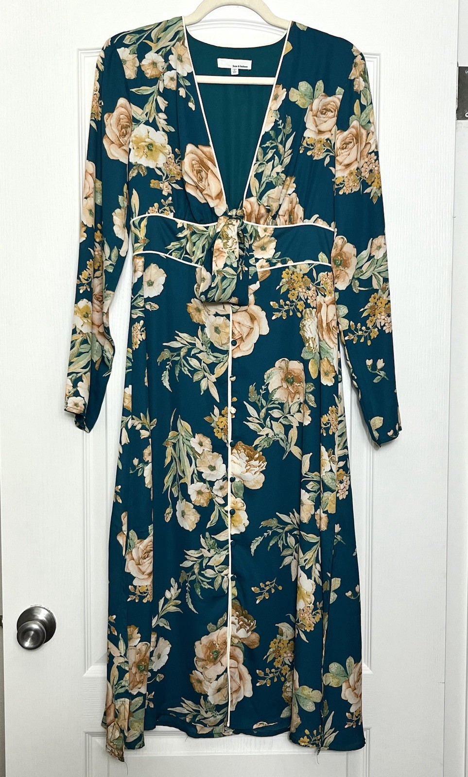 June & Hudson Teal Beige Floral Long Sleeve Button Dress Size M V-Neck Asian