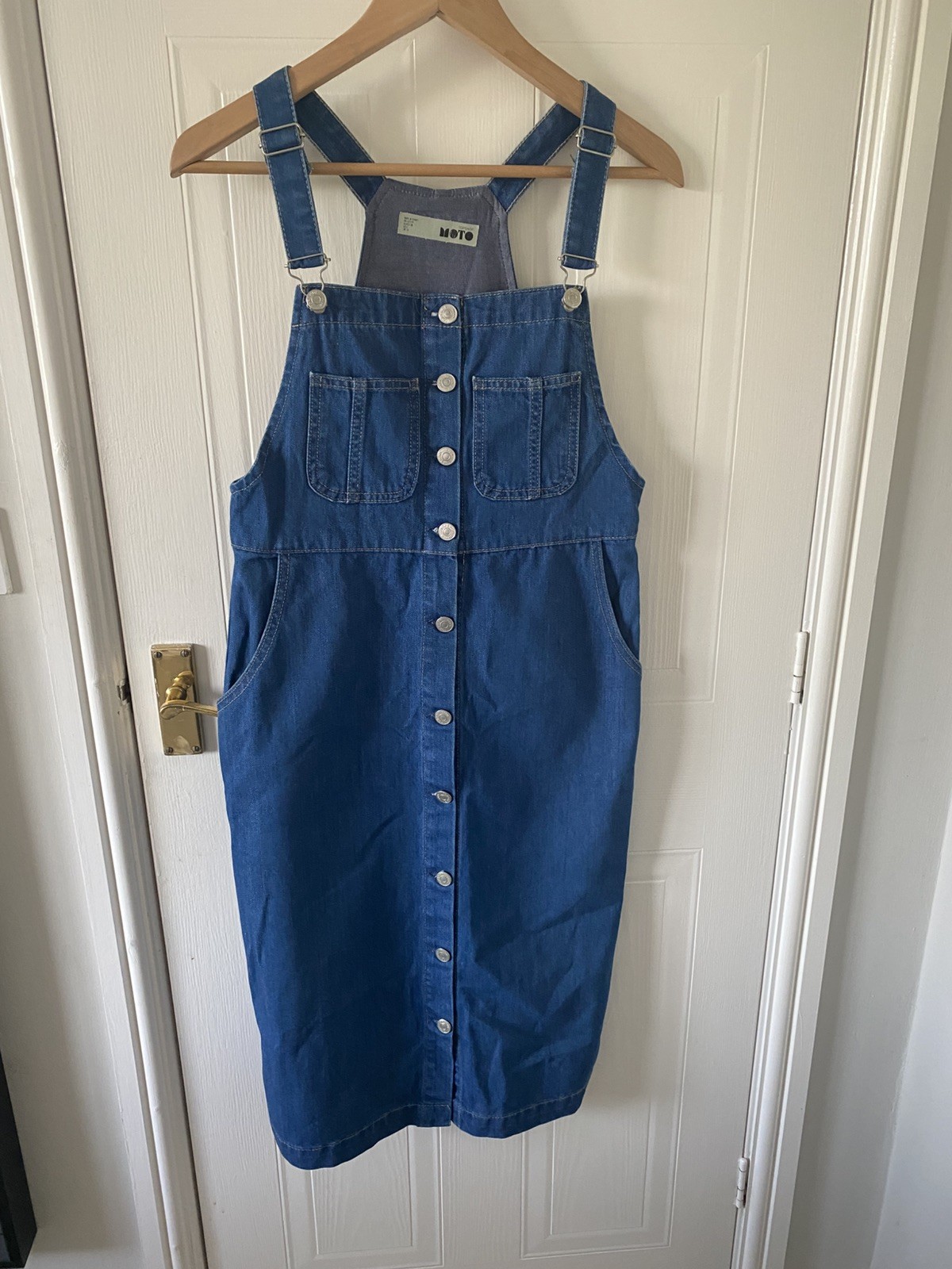 Topshop Moto Jeans Dungaree Size 10 Blue Denim Pinafore Dress