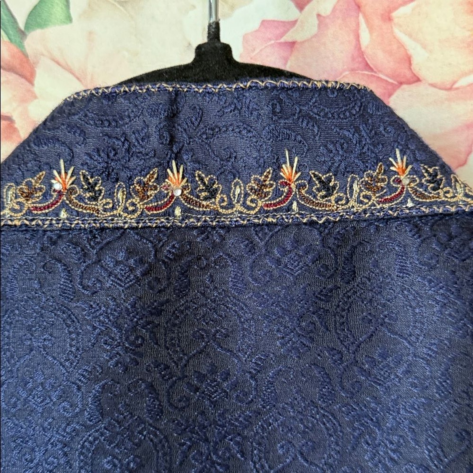 EUC 100% SILK ETHOS Elite Garmets India Caftan Embriodered Damask Navy Blue