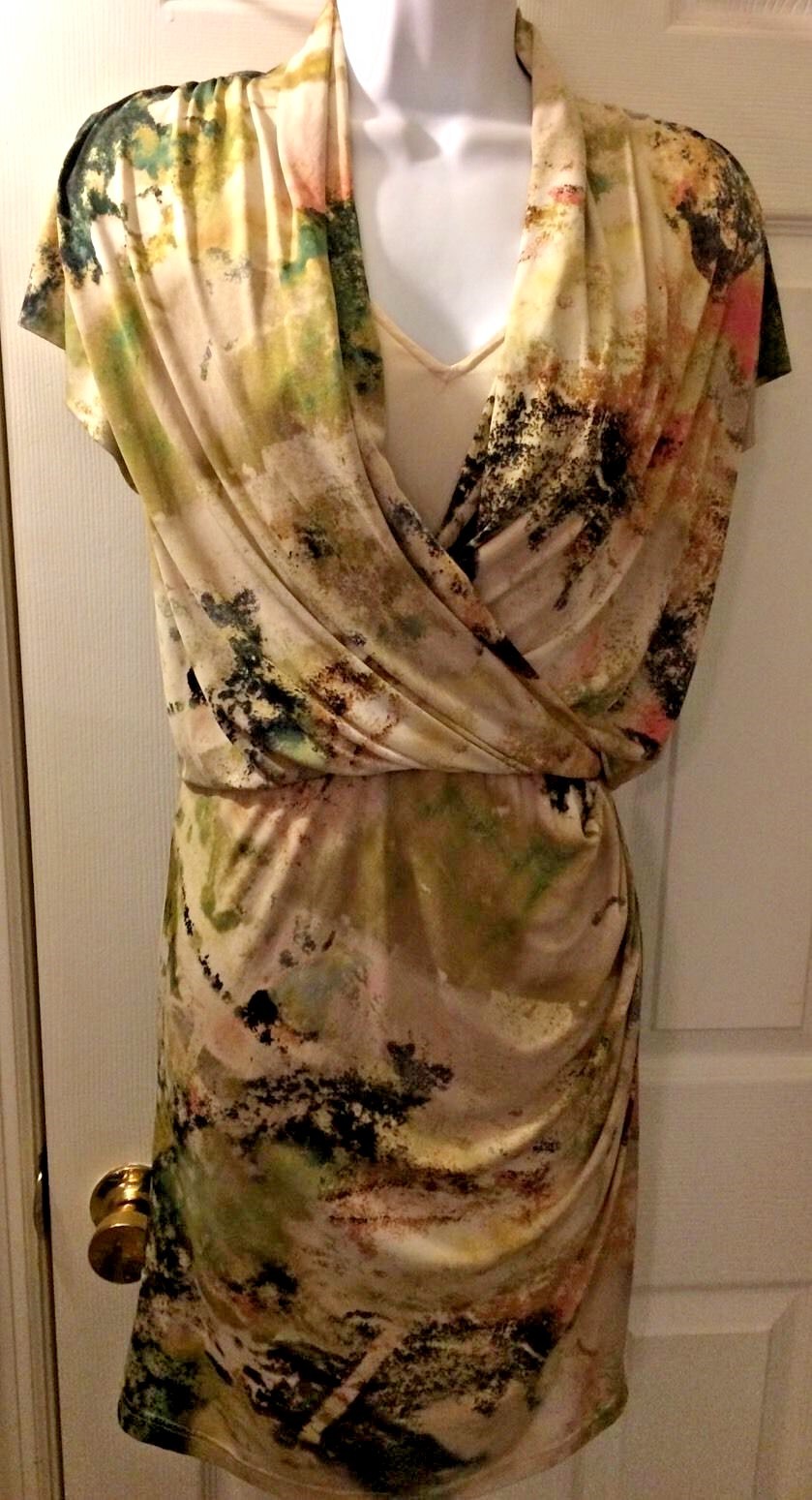 AIDAN MATTOX Dress Abstract Floral Pink Green Tan Cross Over V-neck Blouson Sz 6