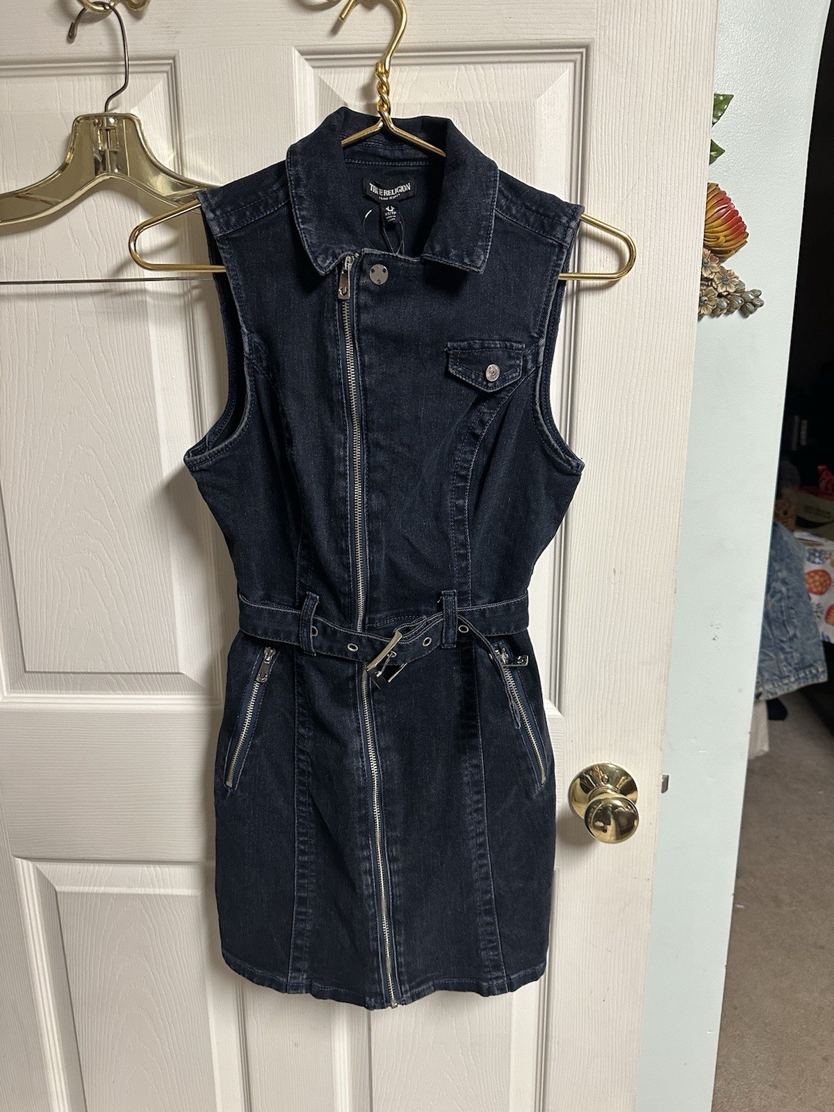 True Religion Moto Western Denim Belted Mini Jean Dress NWT XS Front Zip Bodycon