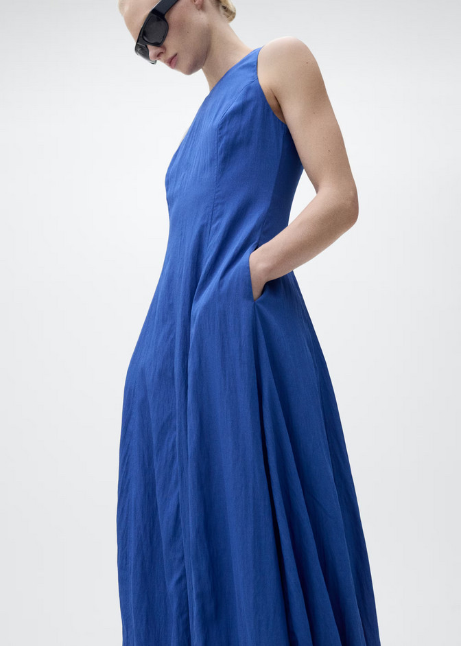 NWT MANGO MNG BLUE BUBBLE HEM A-LINE MIDI DRESS SZ S US 4