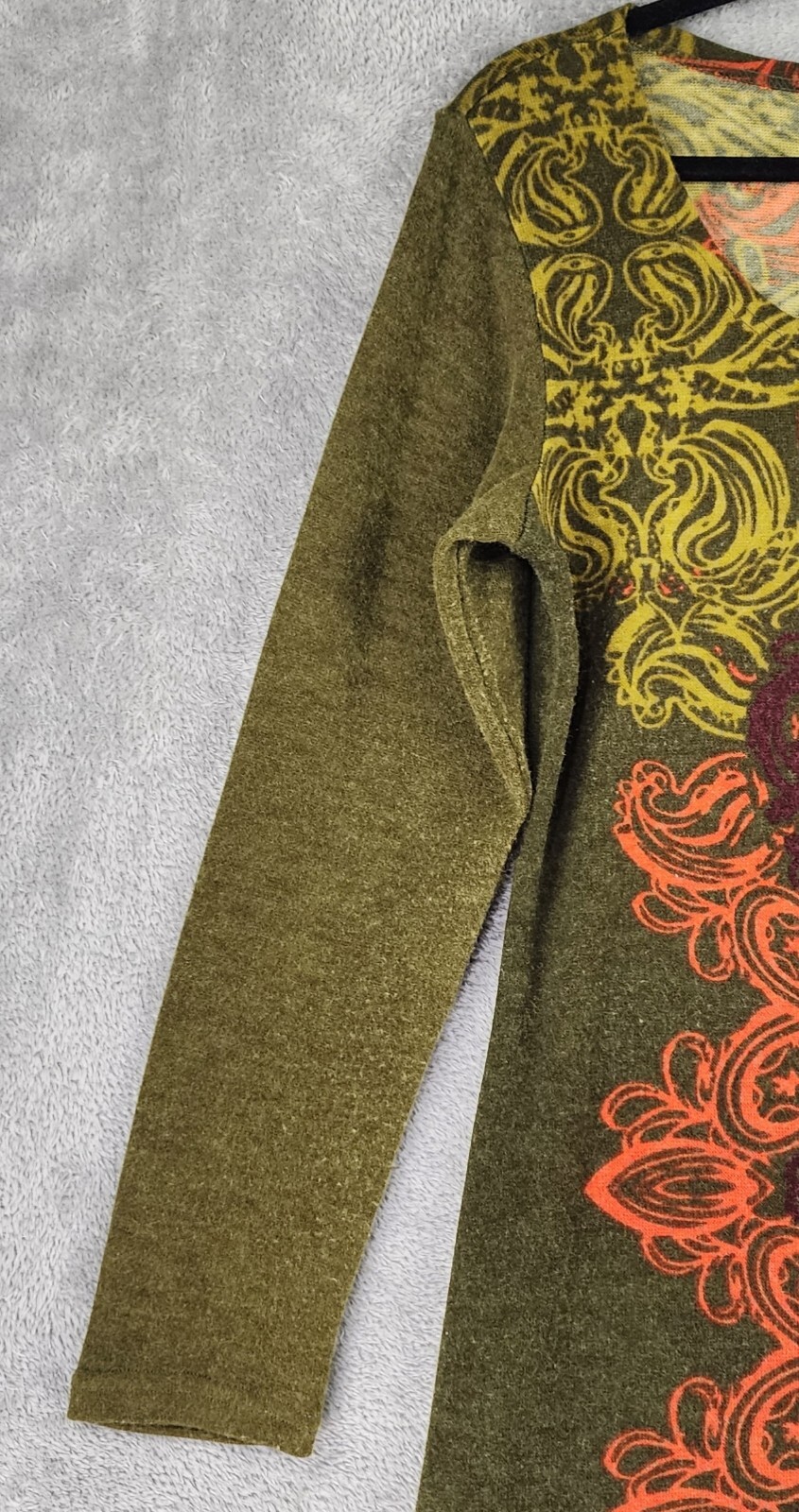 Papillon Sweater Dress Womens Medium Green Paisley 3/4 Sleeve Boho Hippie Mini
