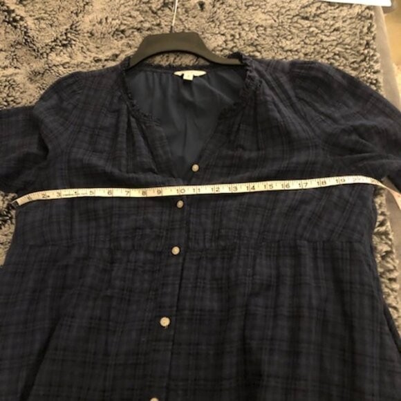 (New) Frye & Co. Navy Blue Plaid Cotton Rayon Button Front Prairie Dress Medium