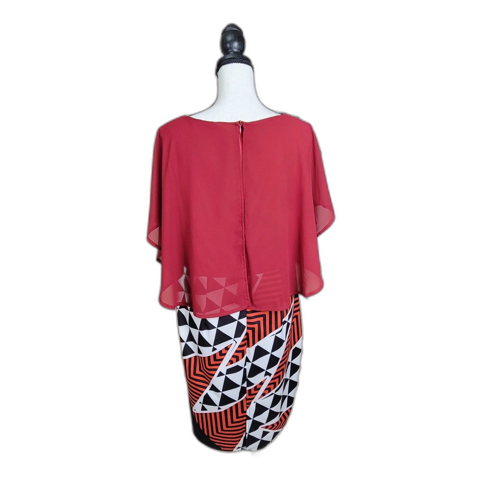 Women’s L Red Chiffon Cape Top Geometric Print Stretch Bodycon Sheath Dress