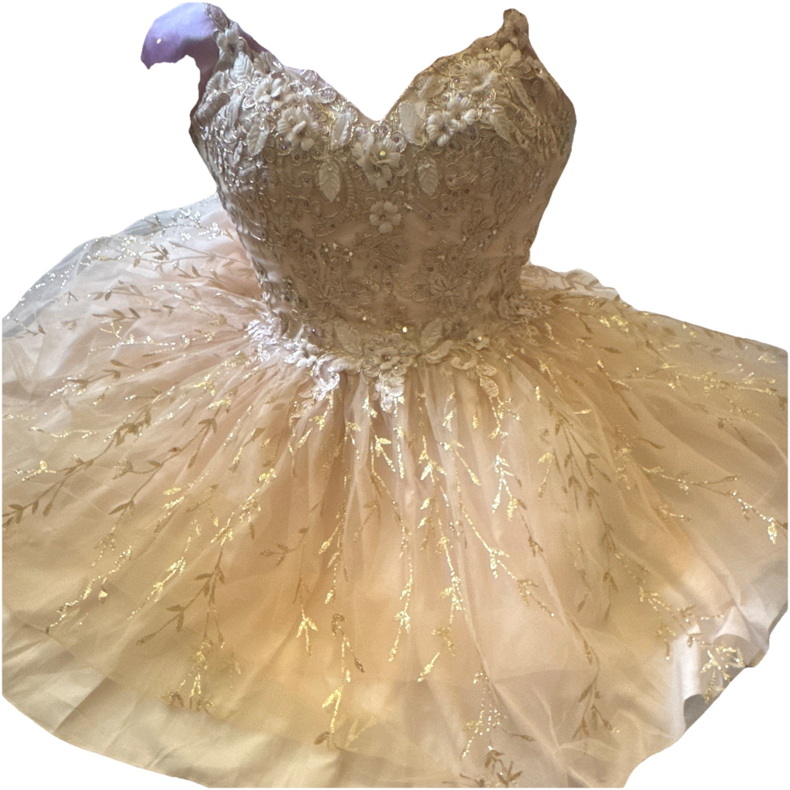 Dancing Queen Ivory/Gold Beaded Sequin Sweetheart Tulle A-Line Short Dress L