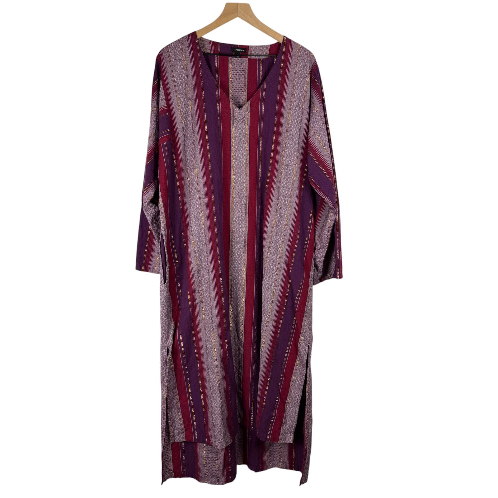 J PETERMAN Womens Kaftan 100% Cotton Purple & Metallic Stripe Large Long Relaxed