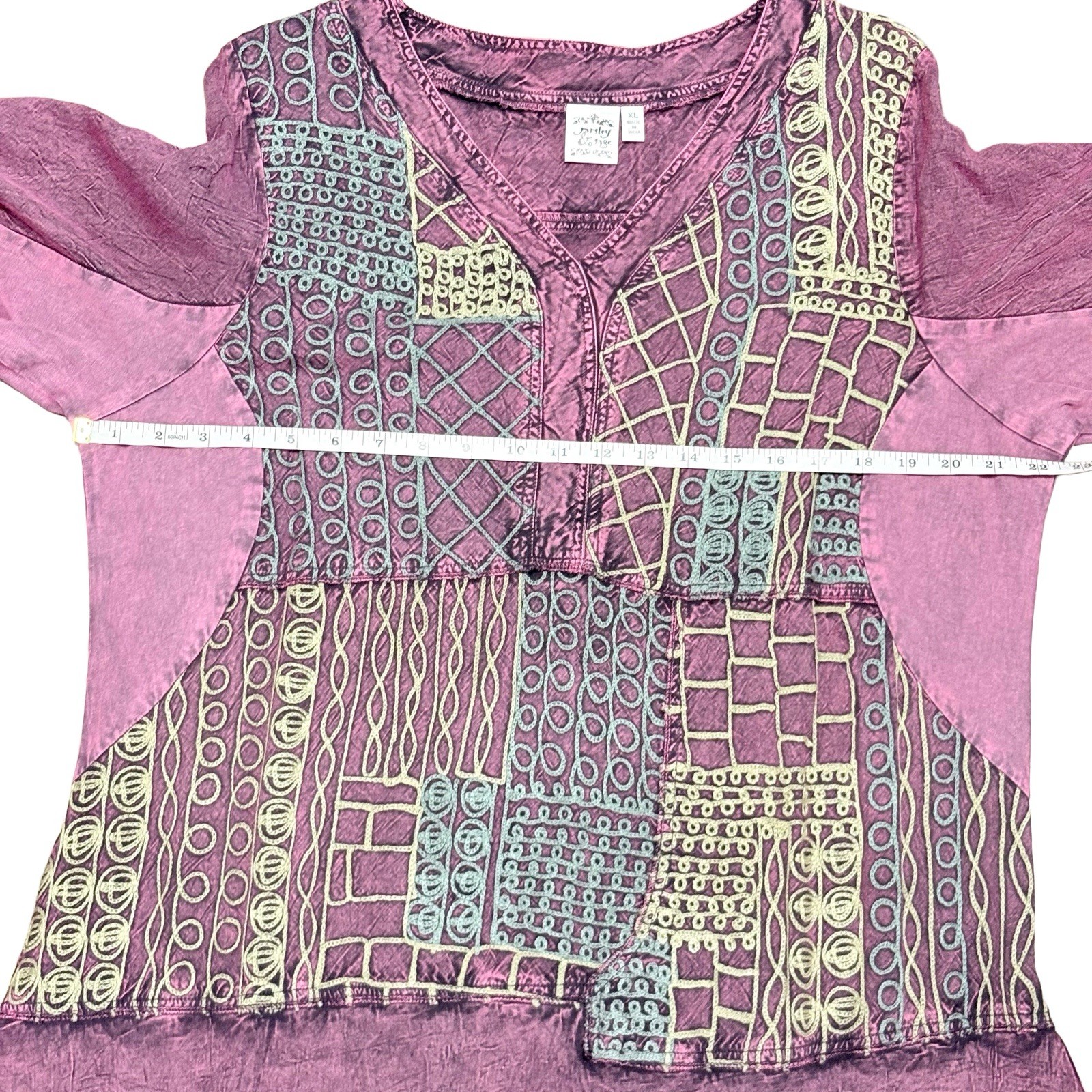 Parsley & Sage Boho Patchwork Lagenlook Midi Dress XL 3/4 Sleeve whimsigoth