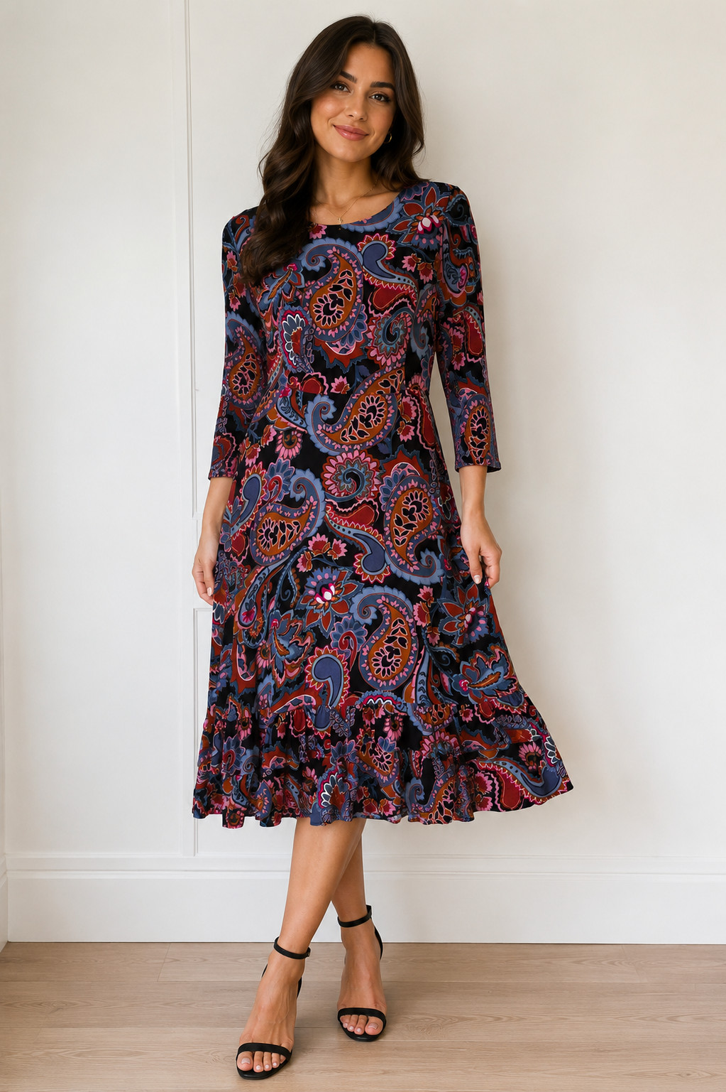 Oliver Bonas Dress UK 14 Paisley Midi Empire Waist Crew Neck Viscose