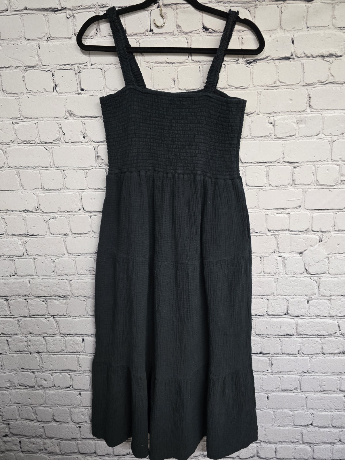 Marine Layer Selene Smocked Tiered Maxi Dress Womens L Black Gauze Cotton Boho