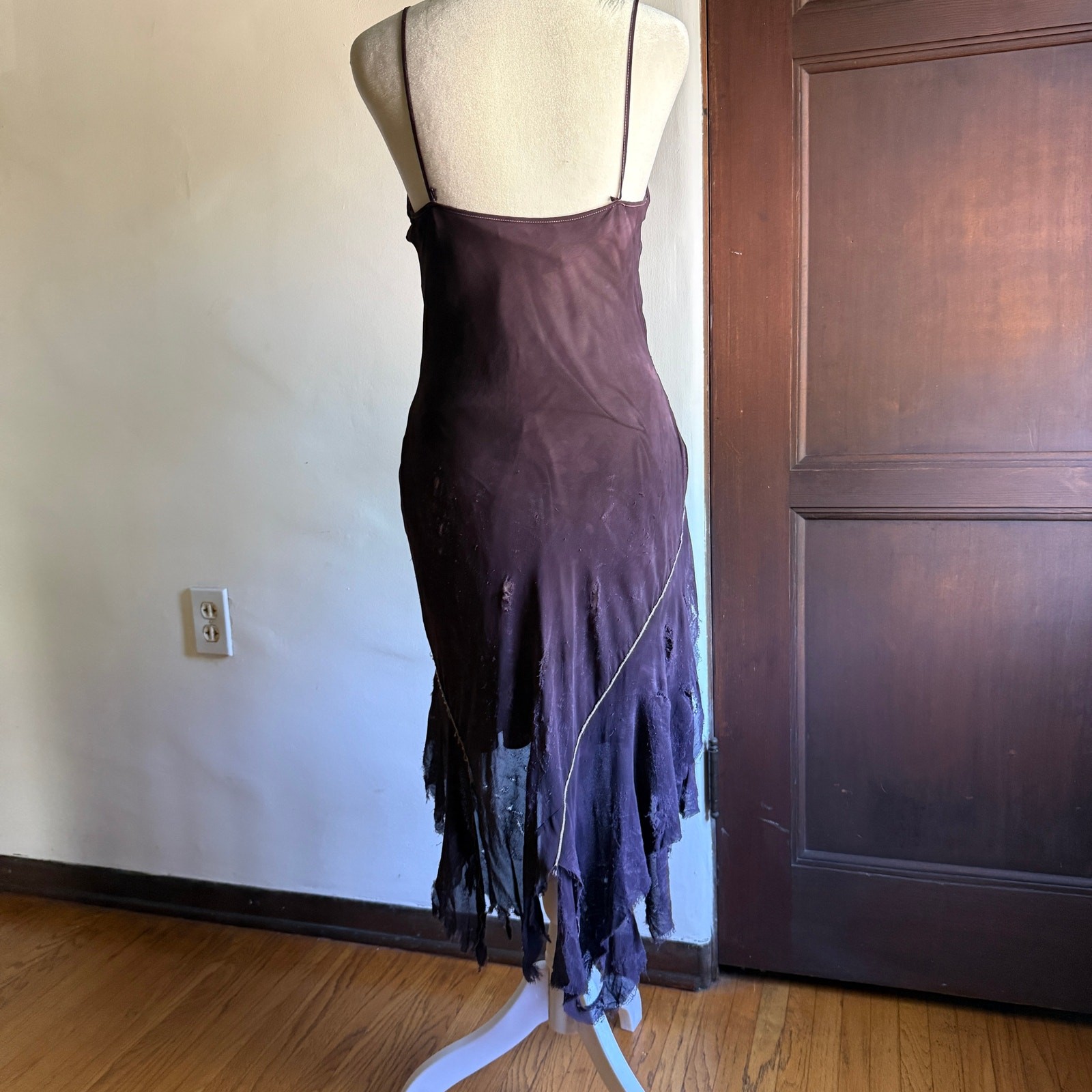 90s Vintage Bias Cut Embroidered Purple Handkerchief Hem Shredded Dress Small