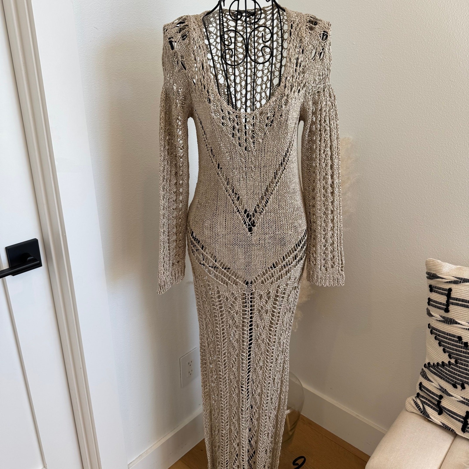 Woolnet Greece Metallic Bronze Gold Crochet Knit Maxi Dress Resortwear
