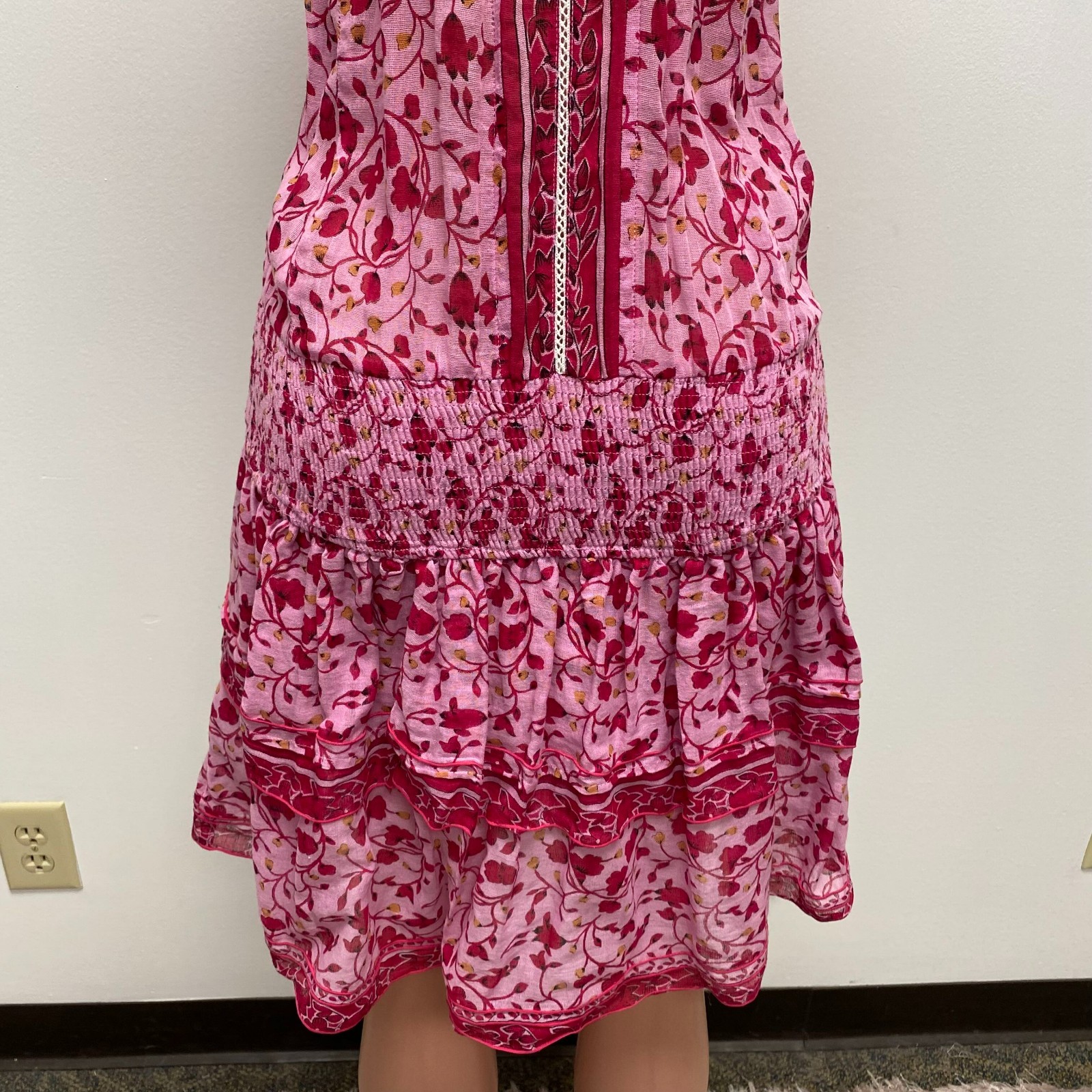 Poupette St Barth Womens Pink Floral Halter Sleeveless Smocked Ruffled Dress L