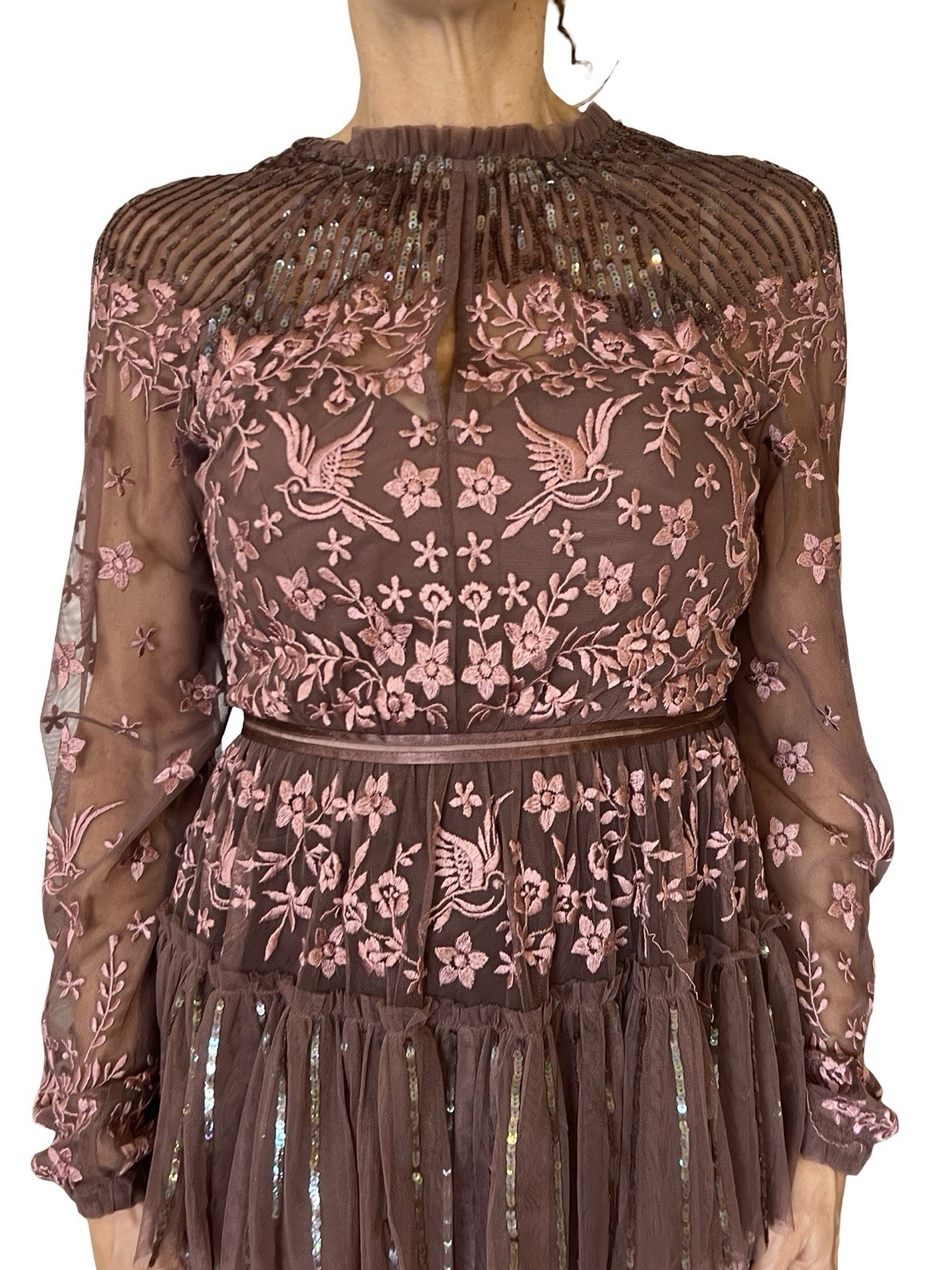 Needle and Thread Sequin Embroidered Tiered Dress sheer long sleeves 0 READ