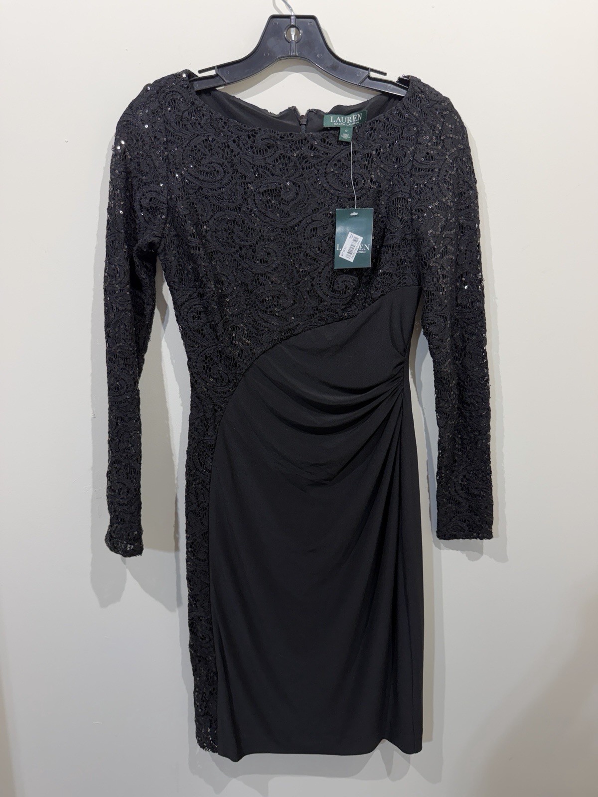 New Lauren Ralph Lauren Black Cocktail Dress Lace Sequin Elegant Party Size 0