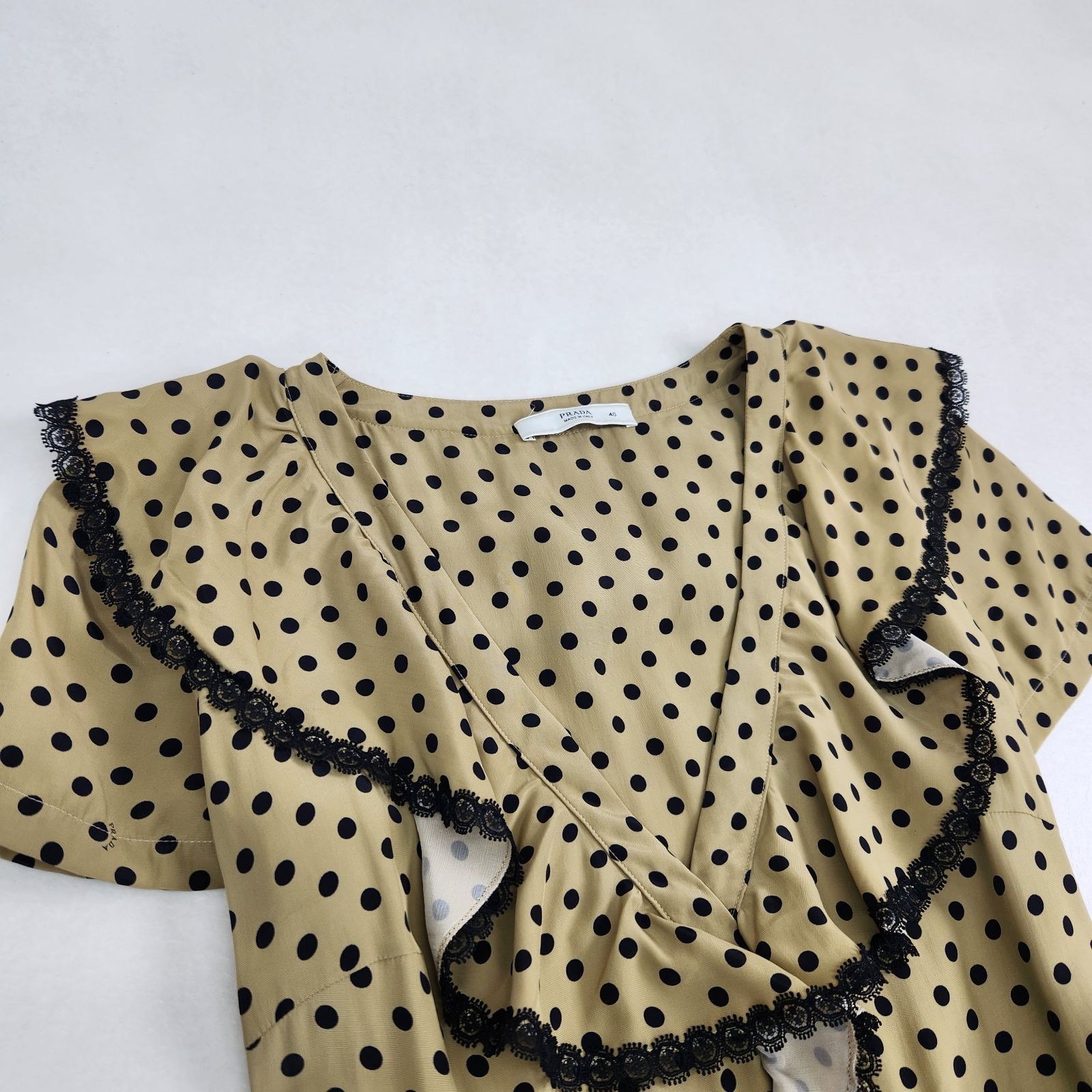 PRADA Long Dress Flared Retro Dot Pattern Frill Collar Size 40 L