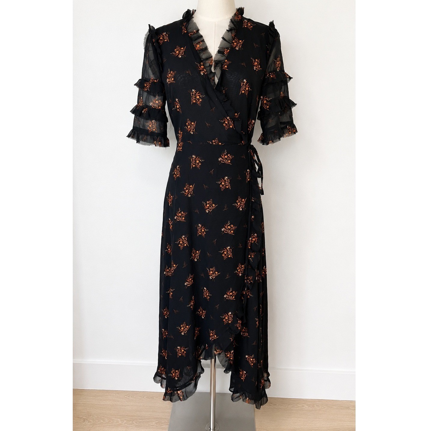 Zara Sheer Whimsigoth Witchy Boho Dress Floral Medium Black Chiffon Ruffle Wrap