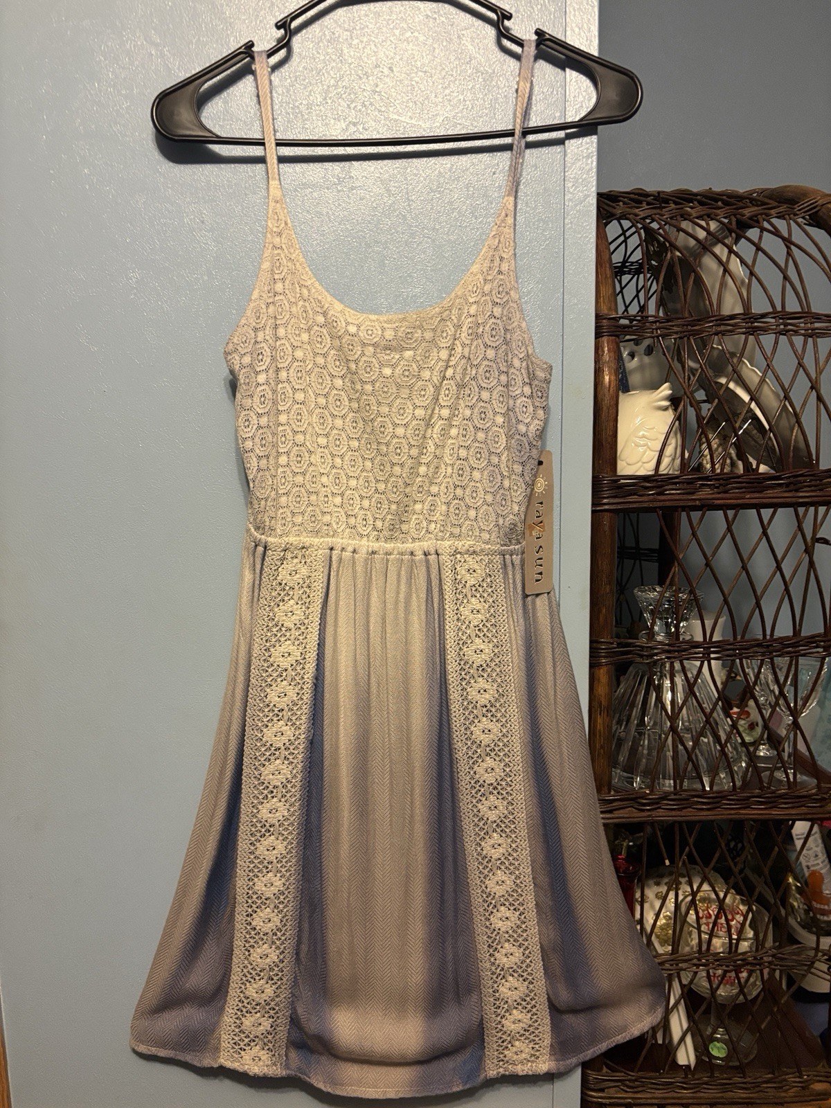 Raya Sun Blue And Beige Hombre Summer Dress Size Small With Lace Accents