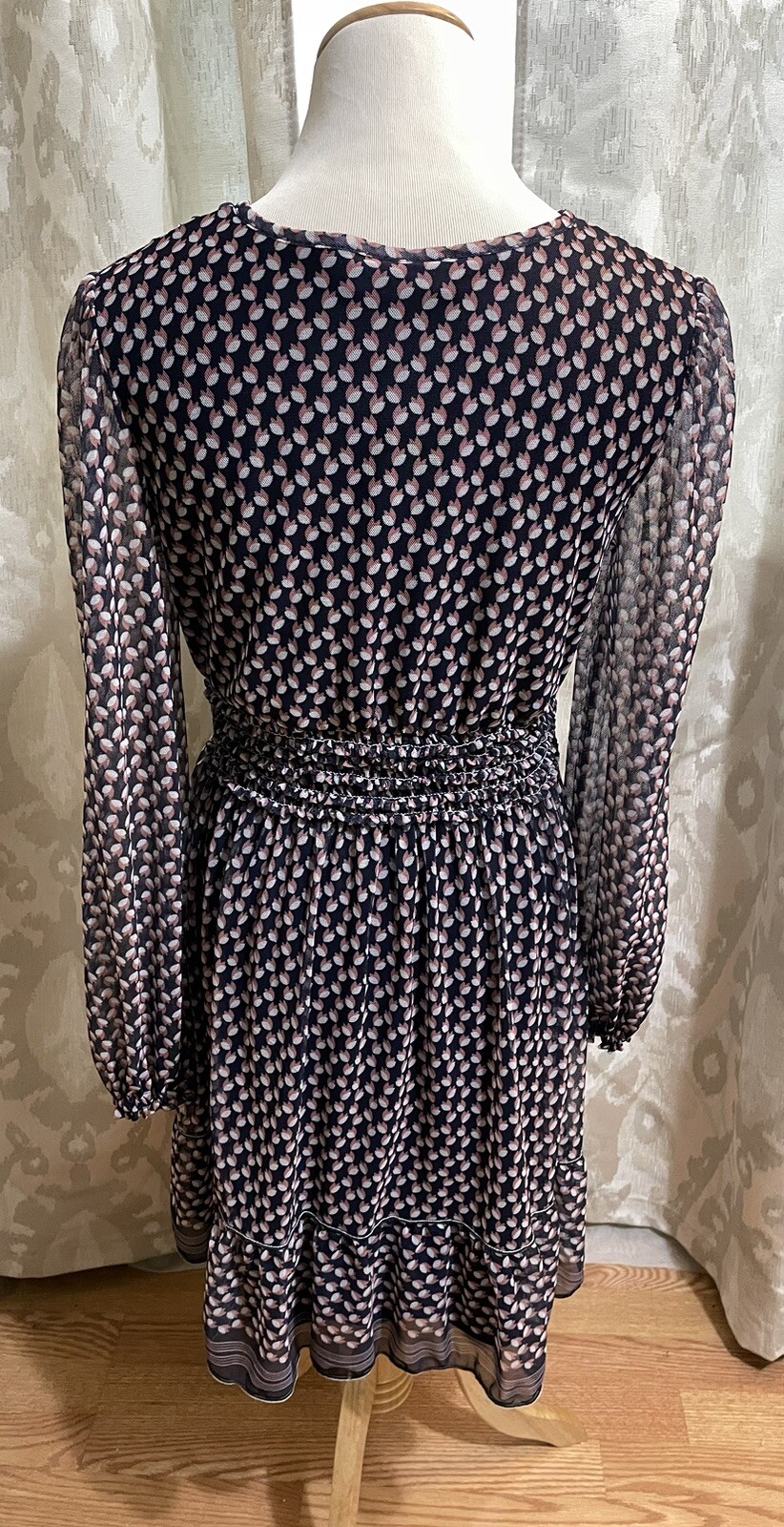 Max Studio Geometric Floral Print Navy,Pink & White Sheer Mesh Dress, size Small