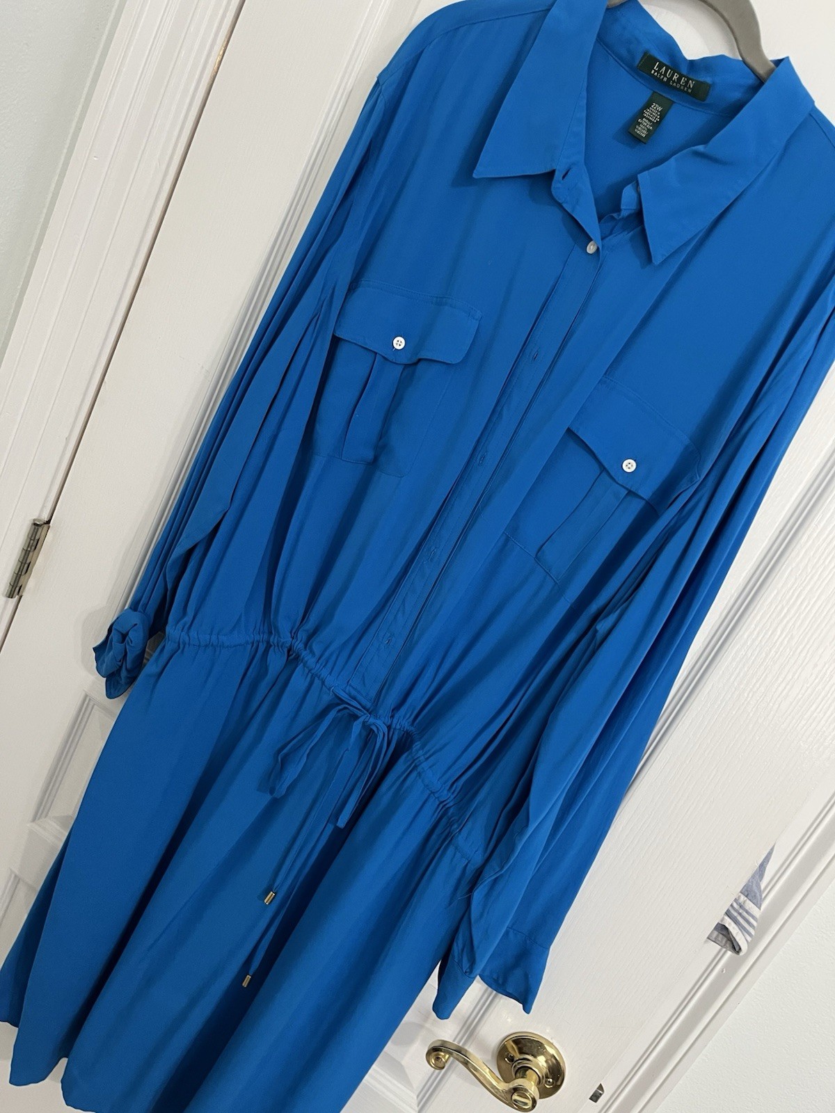Ralph Lauren Shirt Dress Blue Drawstring Button Front Blouson 22W