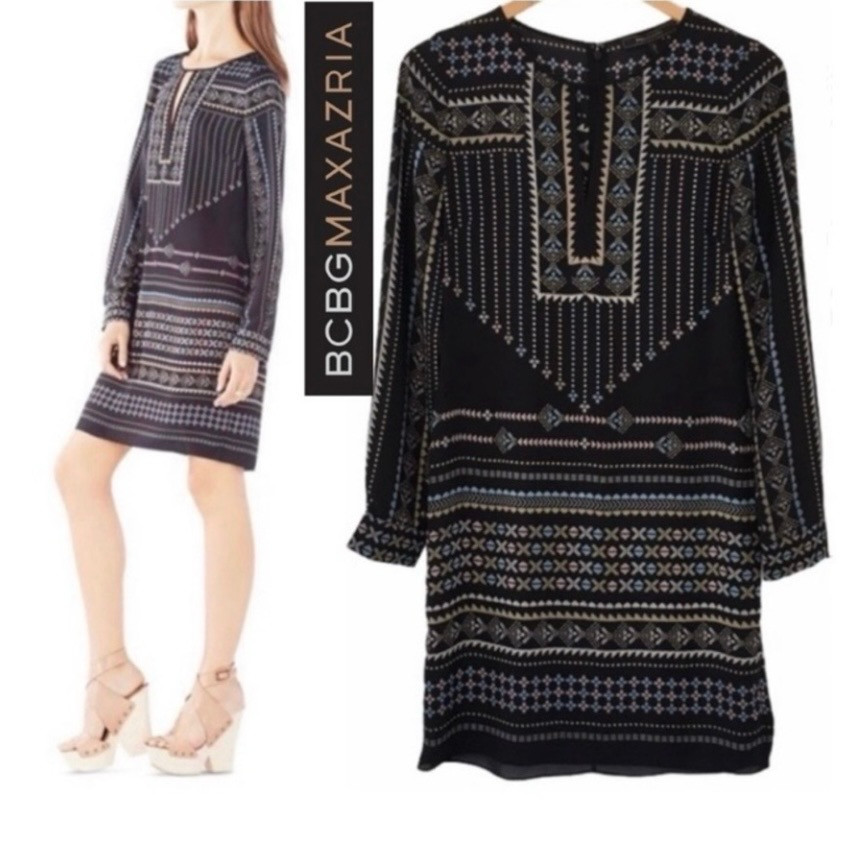 BCBG MaxAzria Freya Dress Shift Tunic Boho Geometric Career Office NWT XS