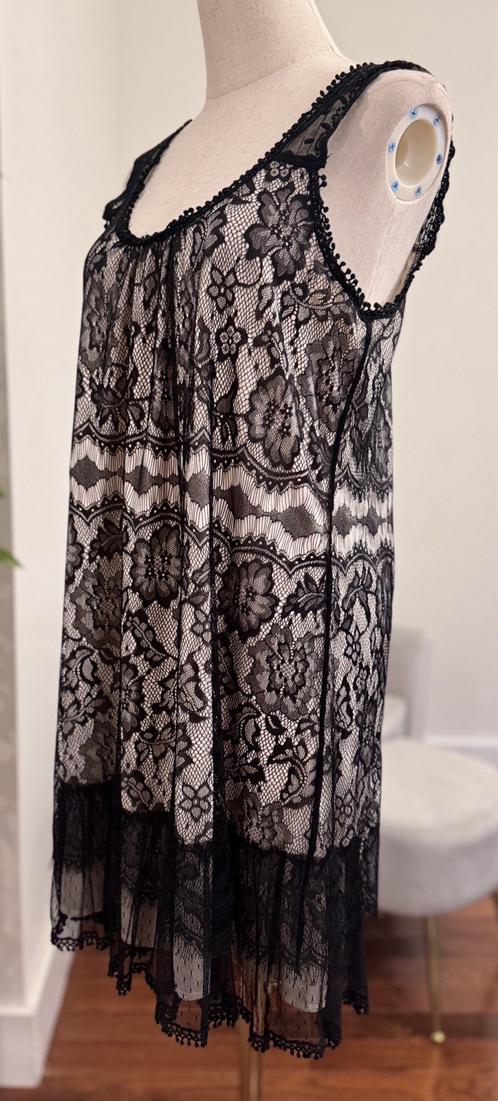Sz M Black & Nude Lace Chiffon Gauze Gothic Mini Dress Tafetta Babydoll Sundress