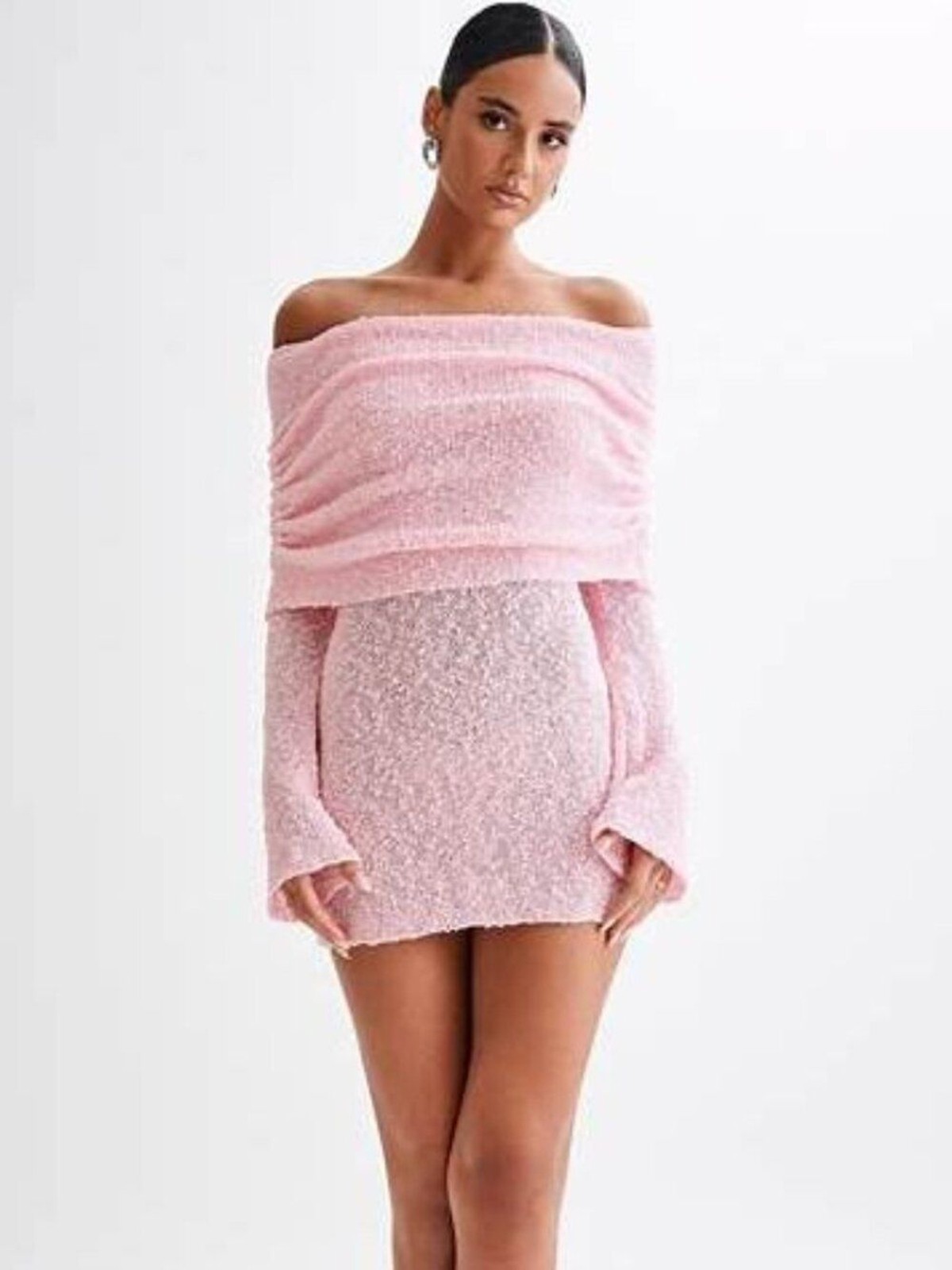MESHKI Marisol Baby Pink Off Shoulder Boucle Mini Dress XL NWT