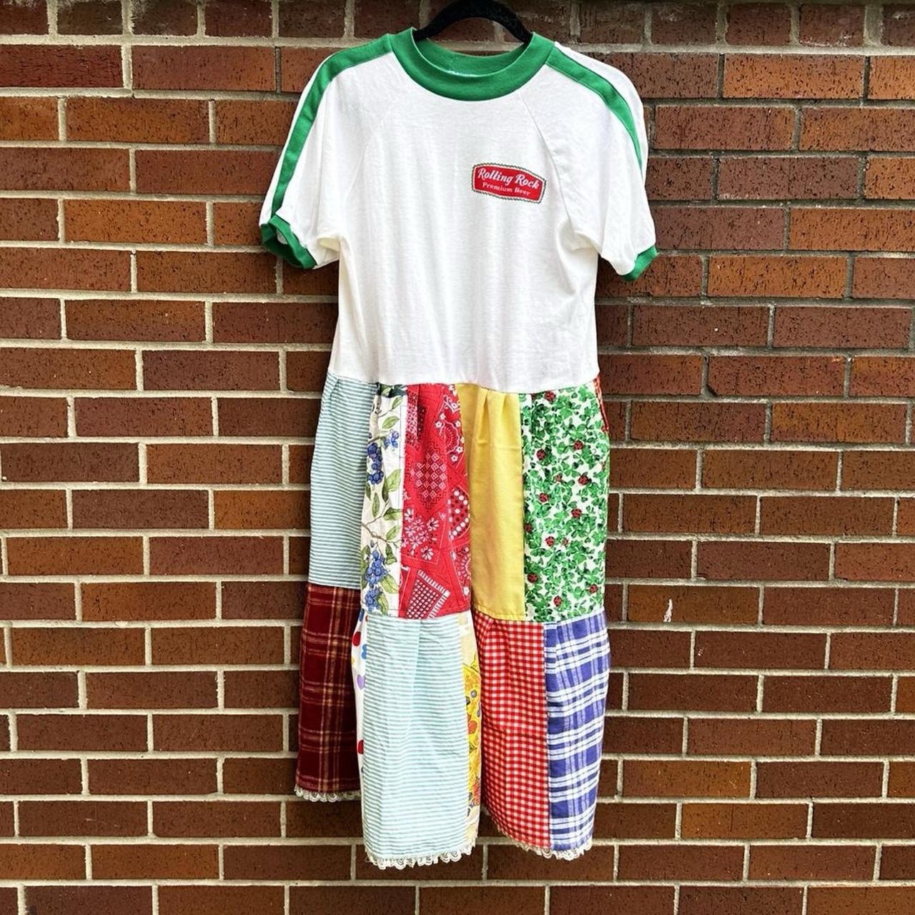 Handmade Reworked Upcycled Vtg Ringer Rolling Rock Tee Patchwork Dress Women M/L