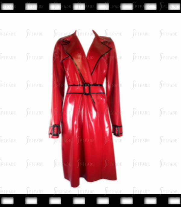 Latex Warp Coat Long Dress Hot Red Sliming Waist Belt Sexy Customized 0.4mm D108
