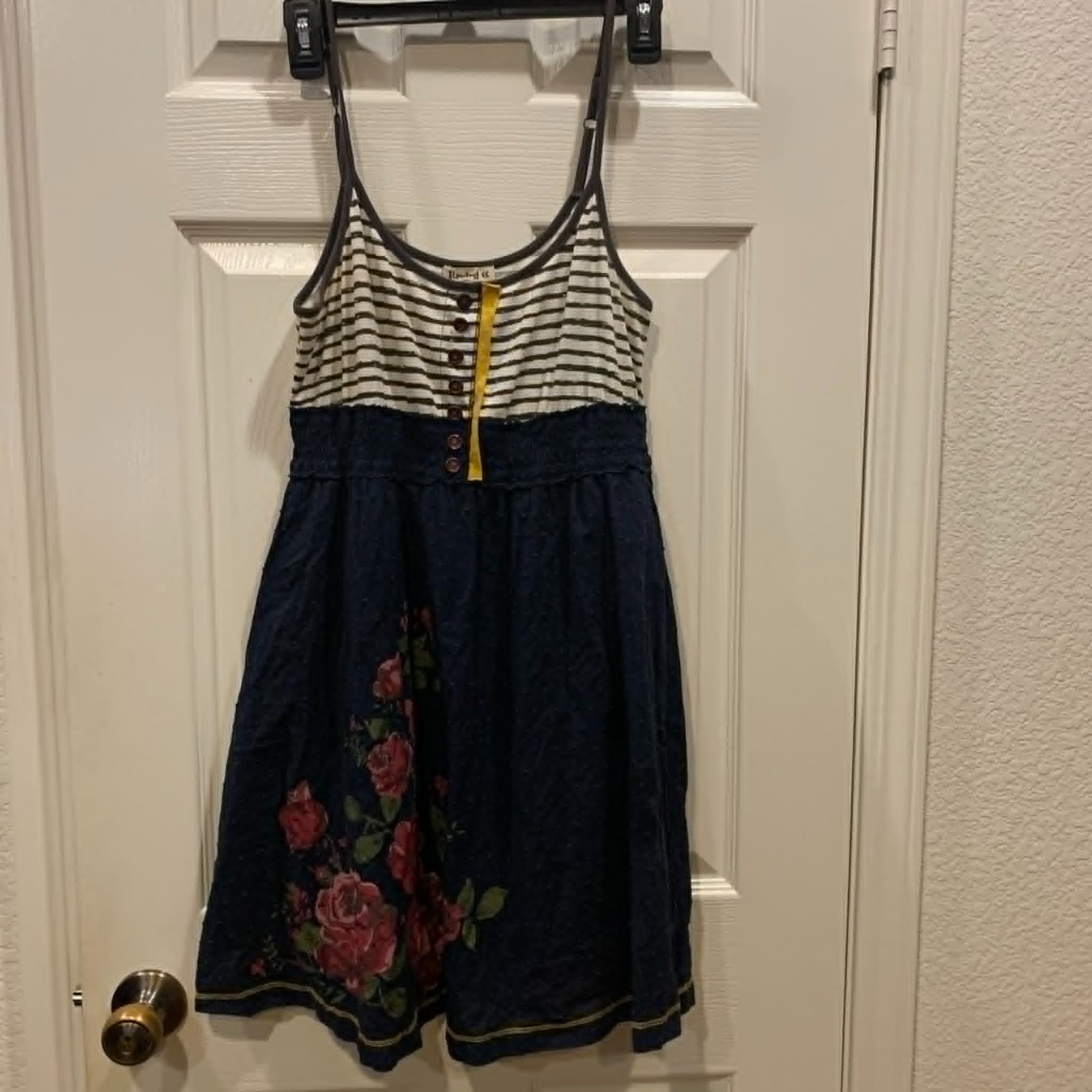Navy Floral Skater Dress with Striped Bodice and Yellow Trim, Rewind, Size XL