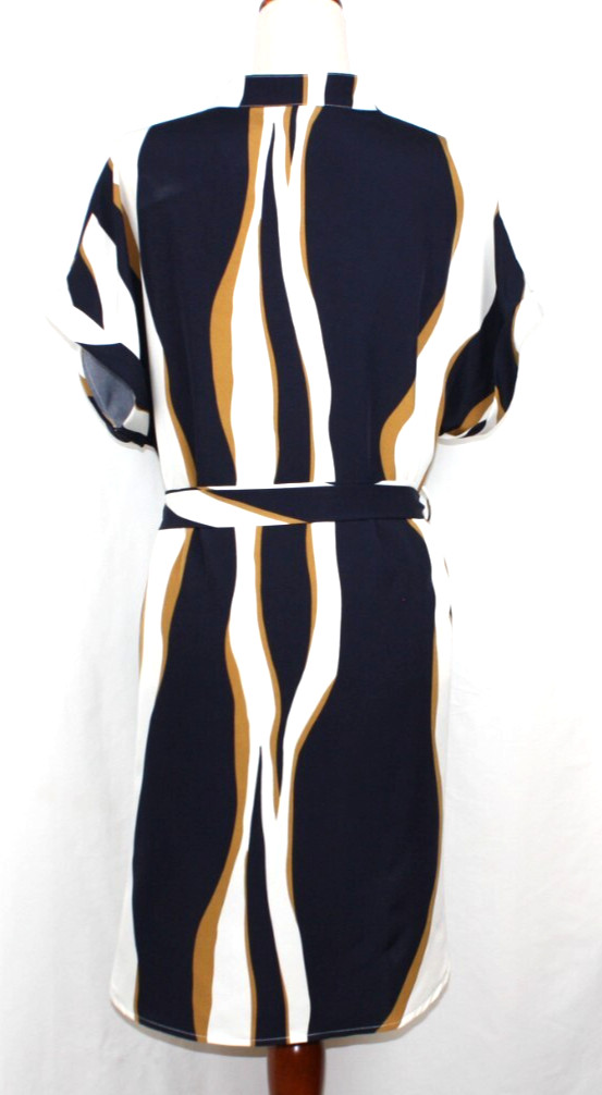 Abstract Stripped Navy, White, Tan 100% Polyester Women’s L Dress w/Belt