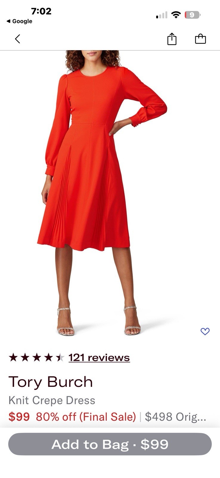 Tory Burch XS Knit Crepe Midi Dress Red Fit & Flare Hourglass Long Sleeves S/P