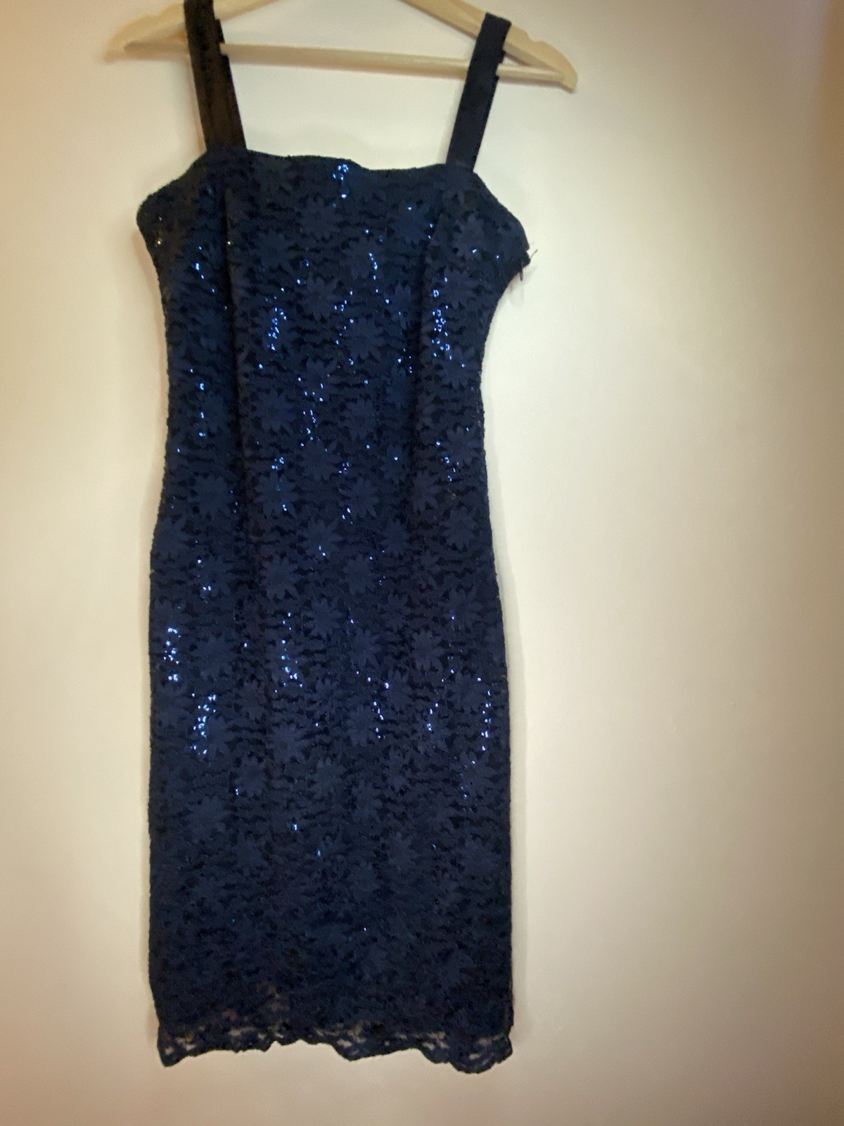 R&M Richards Blue Sequin Lace Sheath Midi Dress Square Neck Sleeveless 8