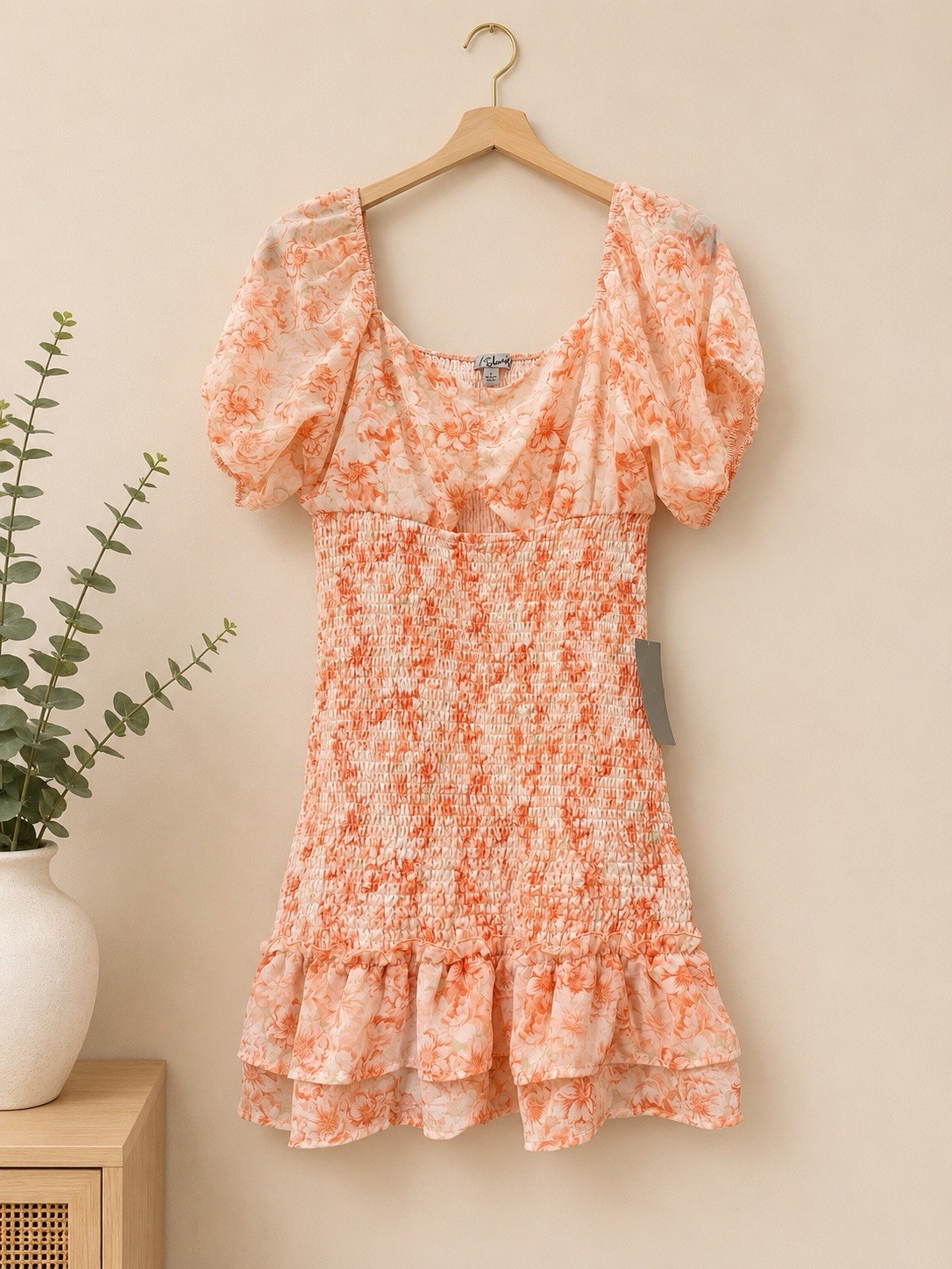 J for Justify Floral Smocked Mini Dress Peach Puff Sleeve Ruffle Hem L NWT