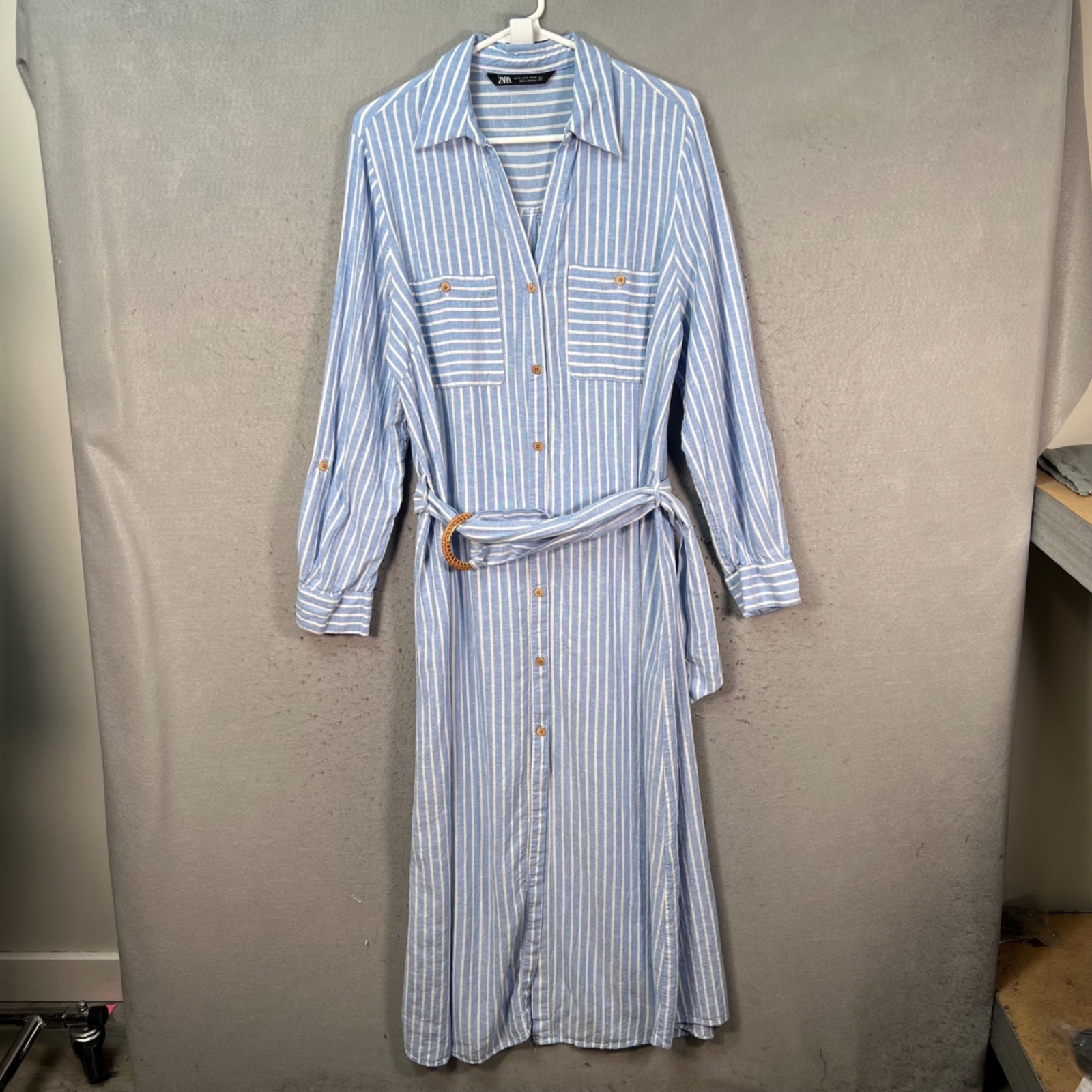 Zara Size XL Blue & White Striped Button-Down Maxi Dress w/ Waist Tie Belt